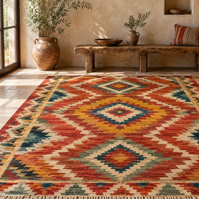 Colourful geometric Anatolian-style kilim in a rustic room