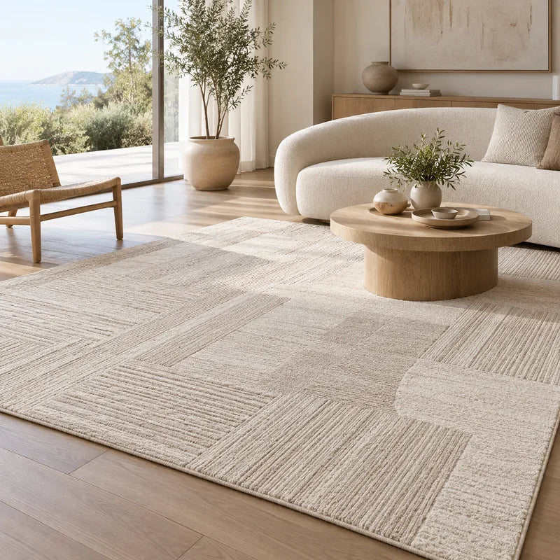Ivory rug in a bright living room with a curved sofa