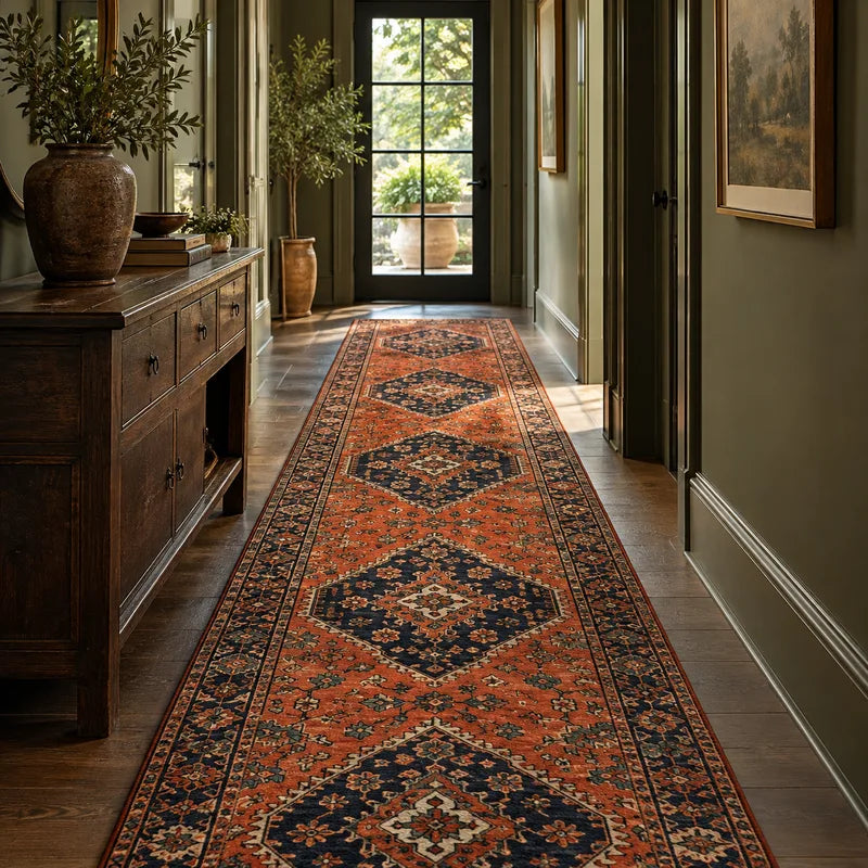 Rust and navy runner rug in an olive green hallway