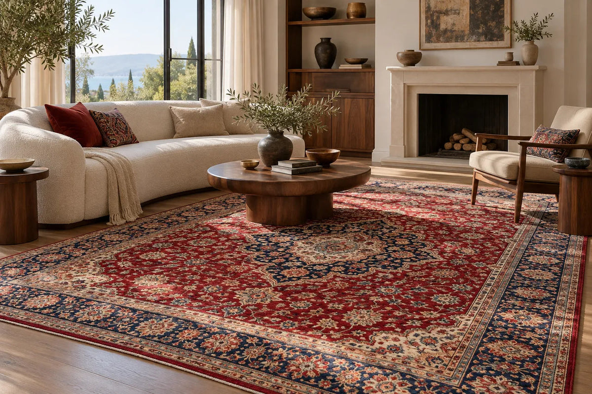 Ruby red and navy patterned rug in a bright living room