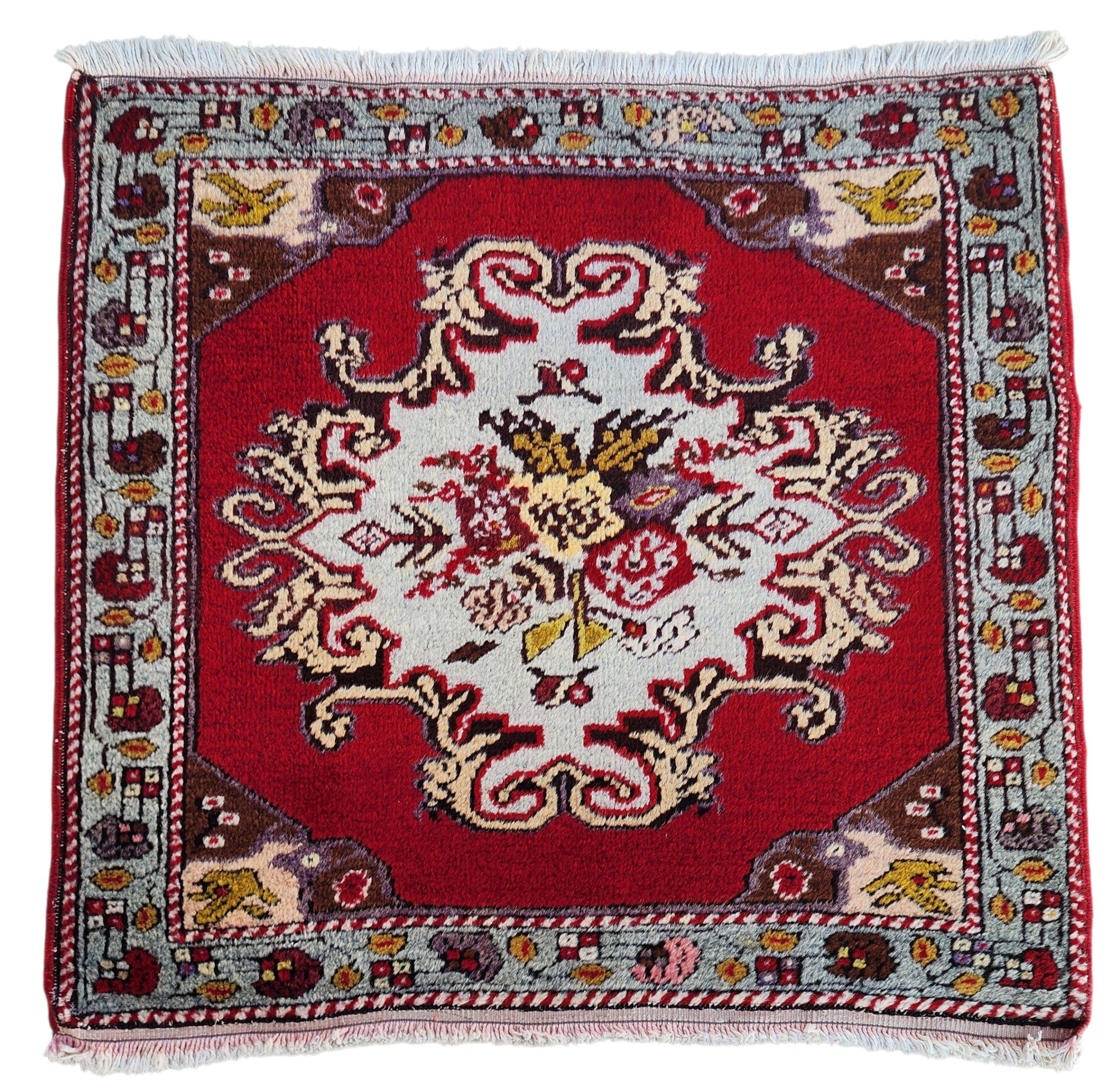 Small Vintage Rug 2 ft 2 in x 2 ft 4 in Red Brown and Beige Geometric Medallion Mat Handmade from Natural Wool for Entry or Bedroom