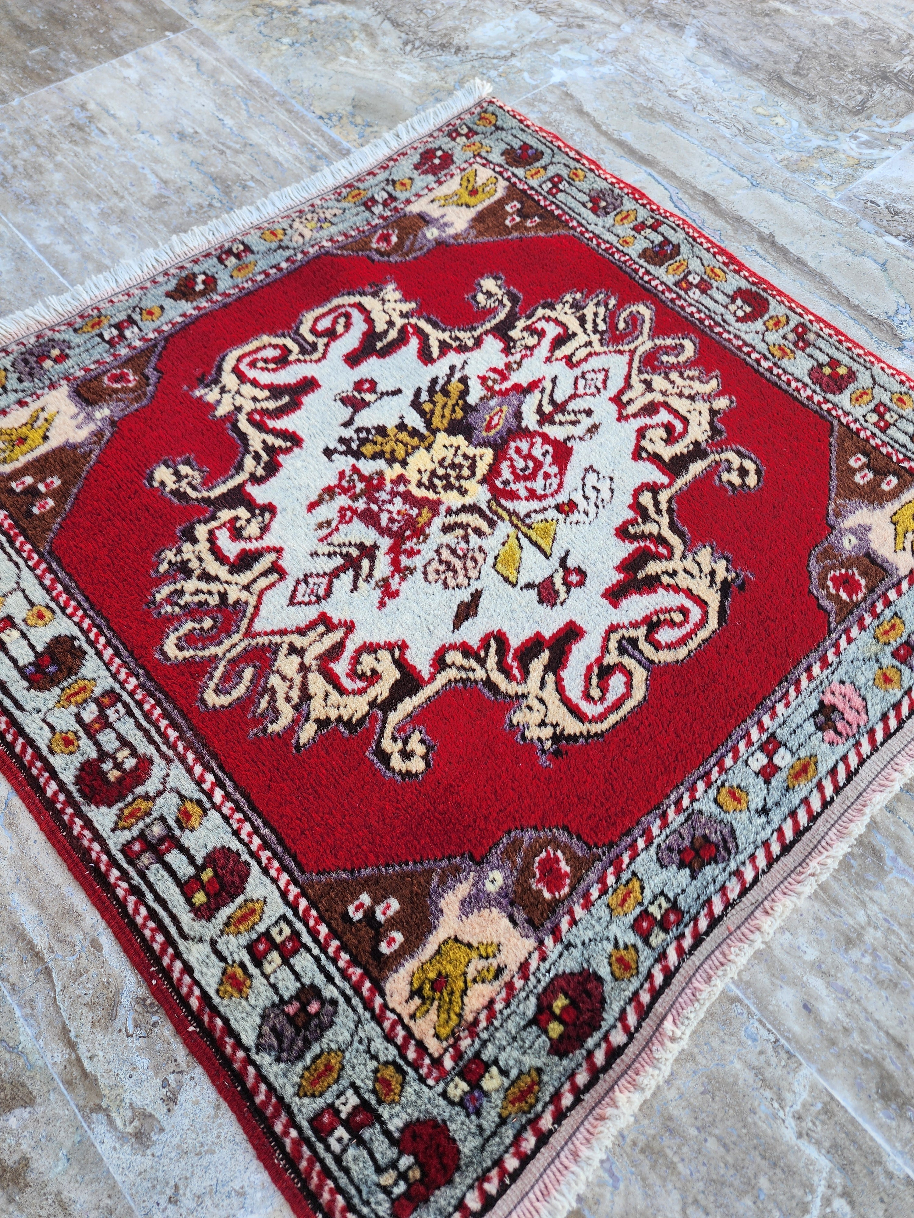 Small Vintage Rug 2 ft 2 in x 2 ft 4 in Red Brown and Beige Geometric Medallion Mat Handmade from Natural Wool for Entry or Bedroom
