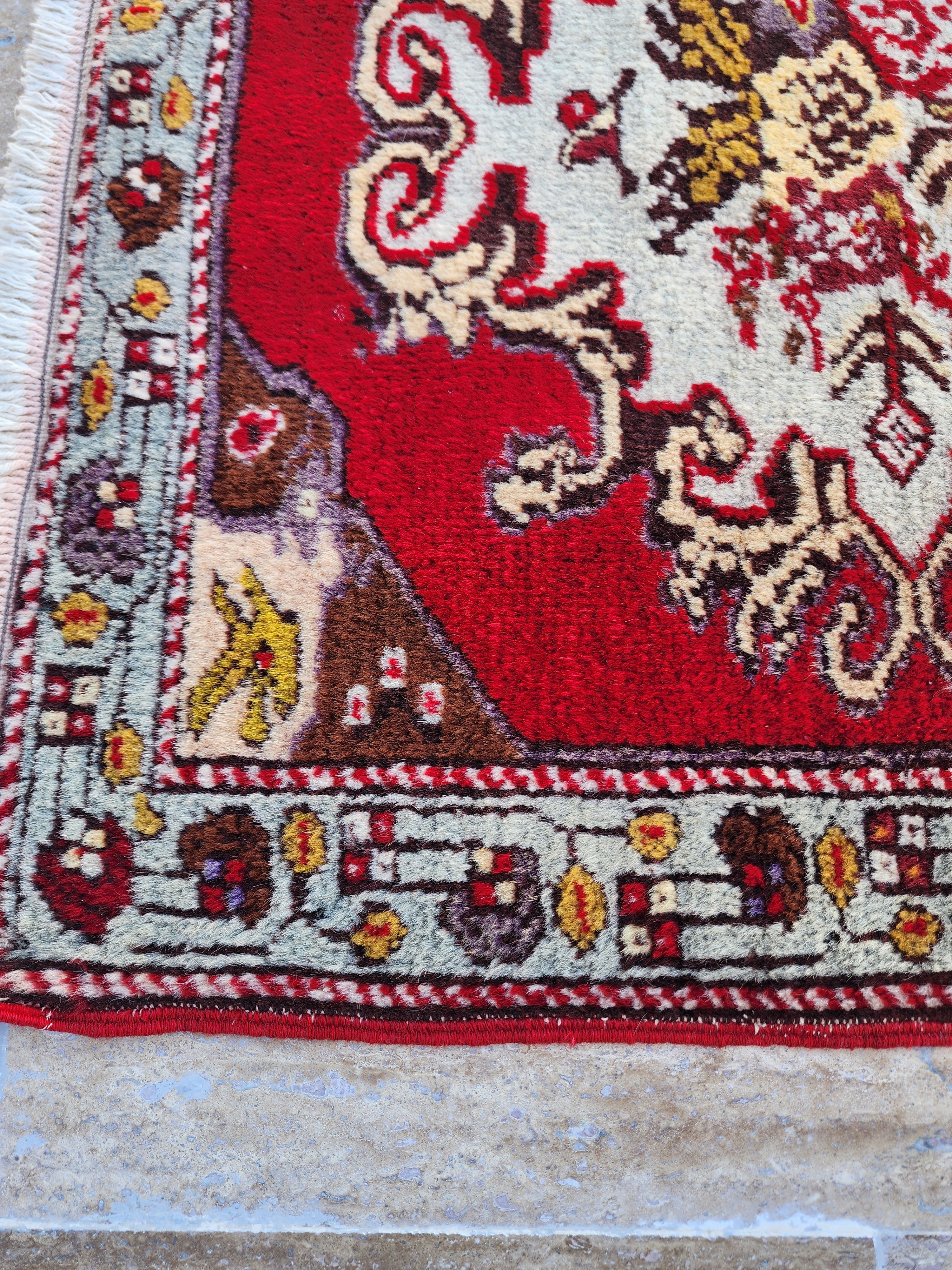 Small Vintage Rug 2 ft 2 in x 2 ft 4 in Red Brown and Beige Geometric Medallion Mat Handmade from Natural Wool for Entry or Bedroom