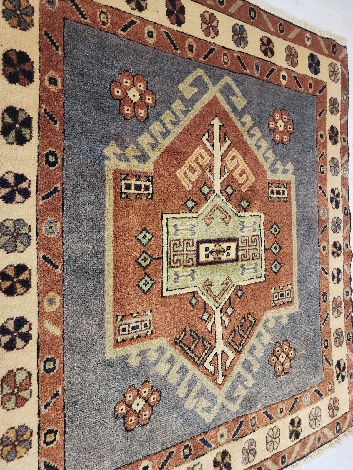 Handwoven Turkish Wool Rug, Anatolian Geometric Design, Natural Dyes (3'5'' x 3'6'')