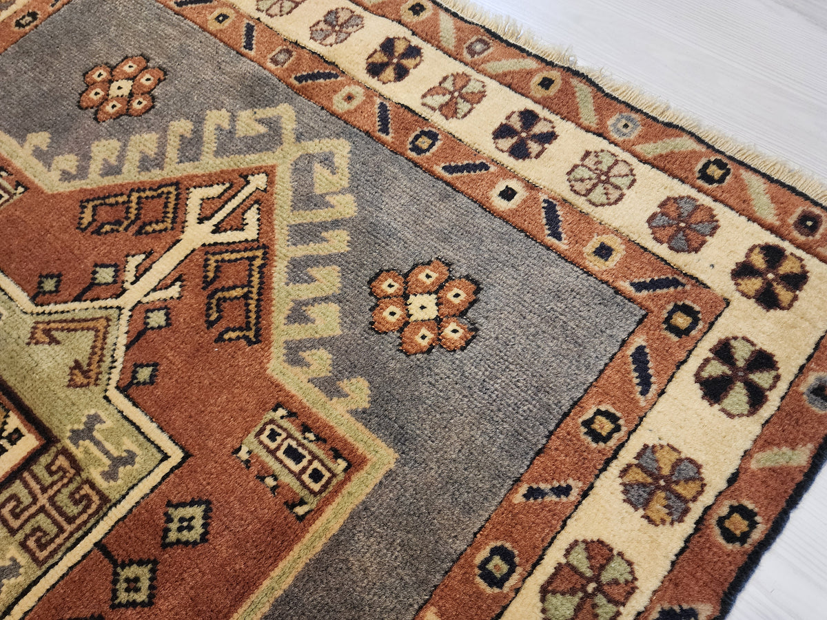 Handwoven Turkish Wool Rug, Anatolian Geometric Design, Natural Dyes (3'5'' x 3'6'')