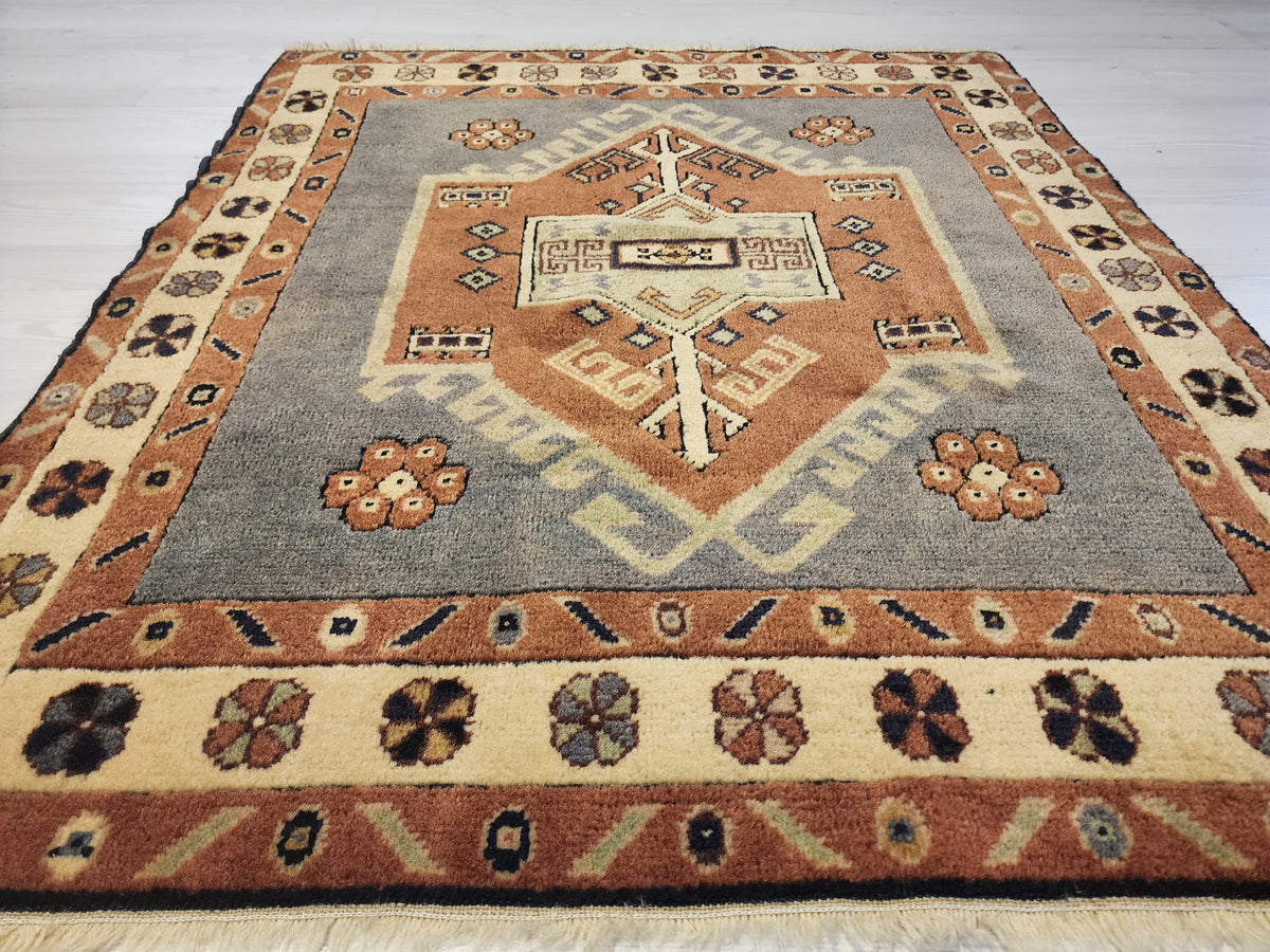Handwoven Turkish Wool Rug, Anatolian Geometric Design, Natural Dyes (3'5'' x 3'6'')