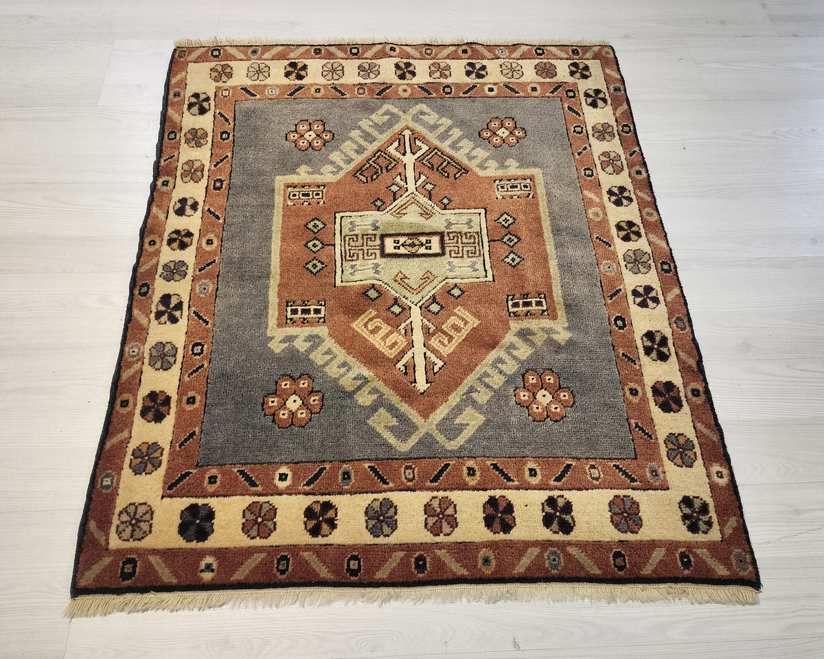 Handwoven Turkish Wool Rug, Anatolian Geometric Design, Natural Dyes (3'5'' x 3'6'')