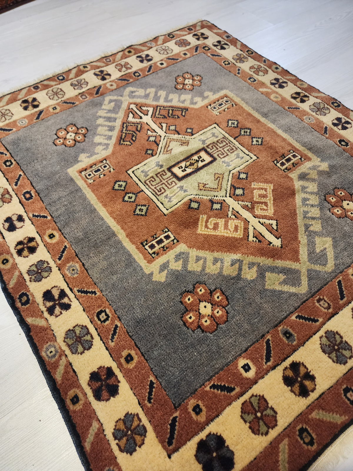Handwoven Turkish Wool Rug, Anatolian Geometric Design, Natural Dyes (3'5'' x 3'6'')