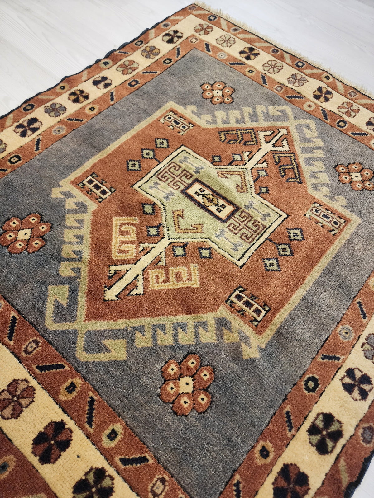 Handwoven Turkish Wool Rug, Anatolian Geometric Design, Natural Dyes (3'5'' x 3'6'')