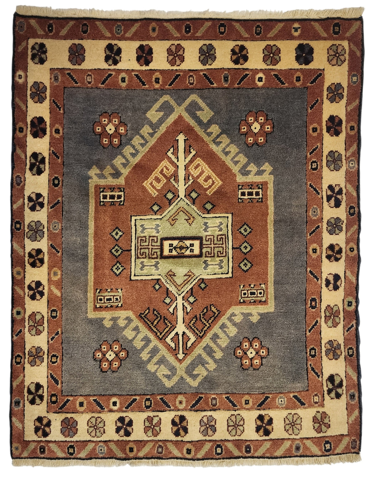 Handwoven Turkish Wool Rug, Anatolian Geometric Design, Natural Dyes (3'5'' x 3'6'')