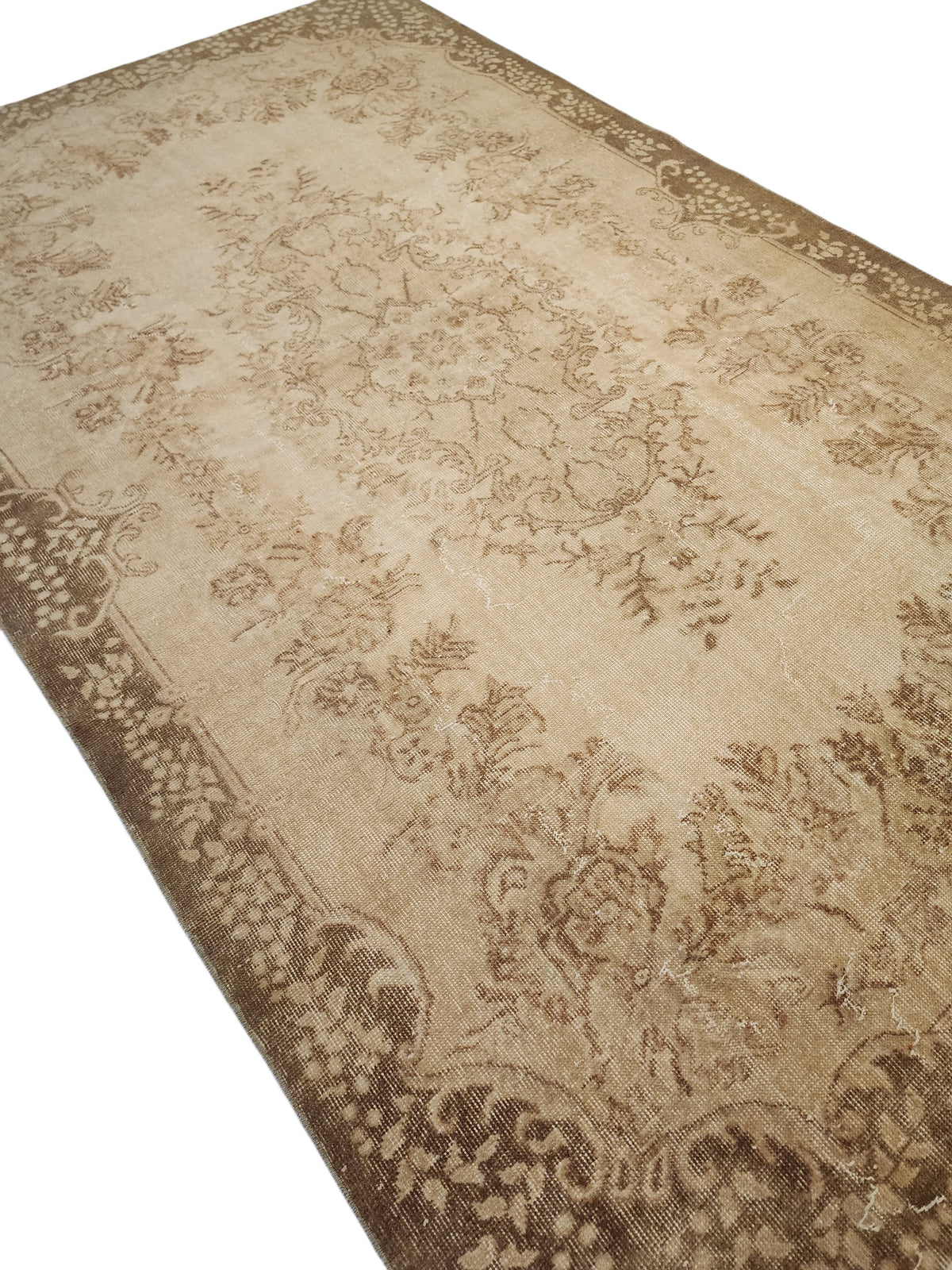 Vintage Turkish Wool Rug – Muted Beige Brown Medallion Anatolian Carpet (6x9 ft)
