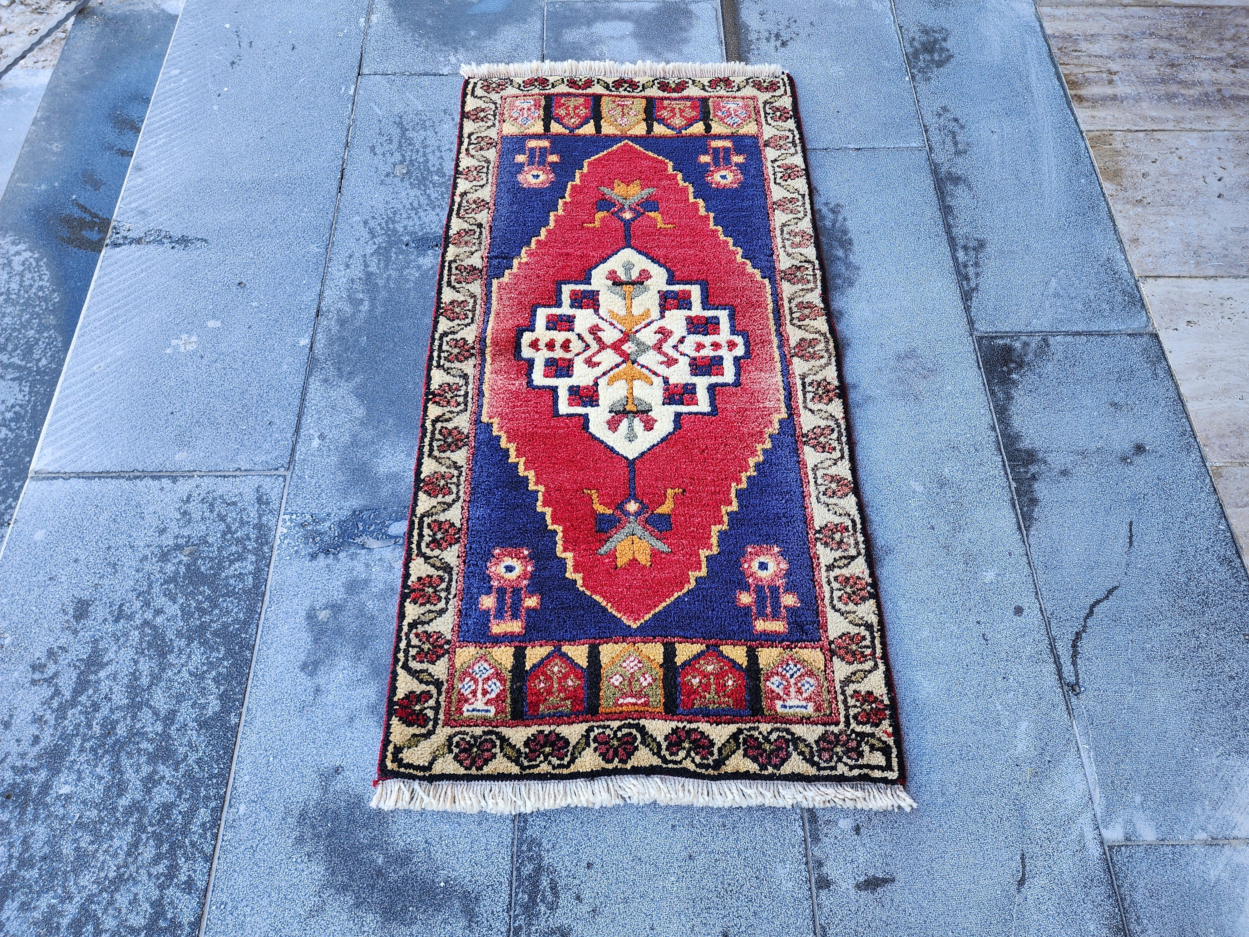 Antique Turkish Wool Rug: Red, Blue, Green Medallion, 1'10" x 3'7"