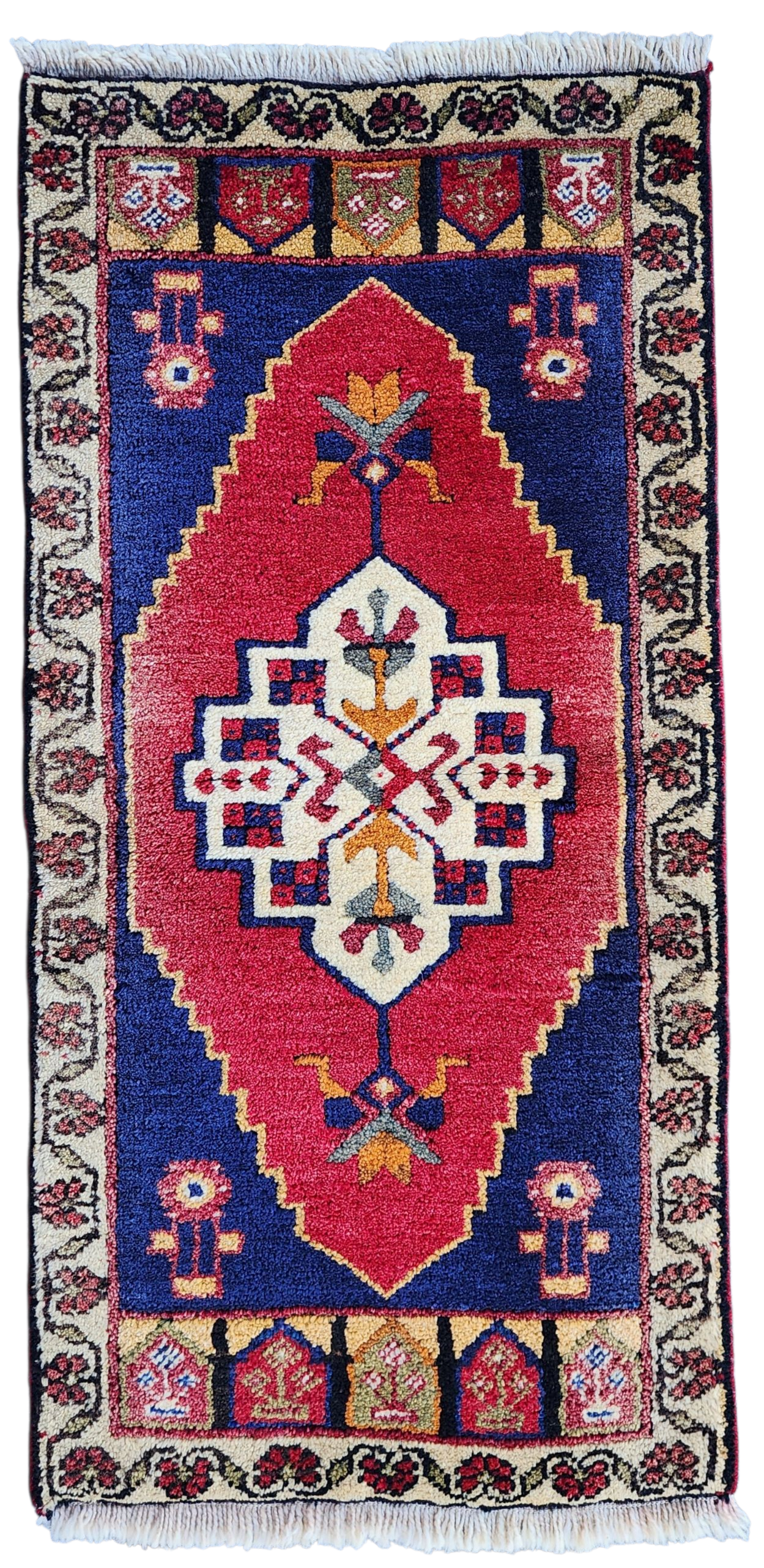 Antique Turkish Wool Rug: Red, Blue, Green Medallion, 1'10" x 3'7"