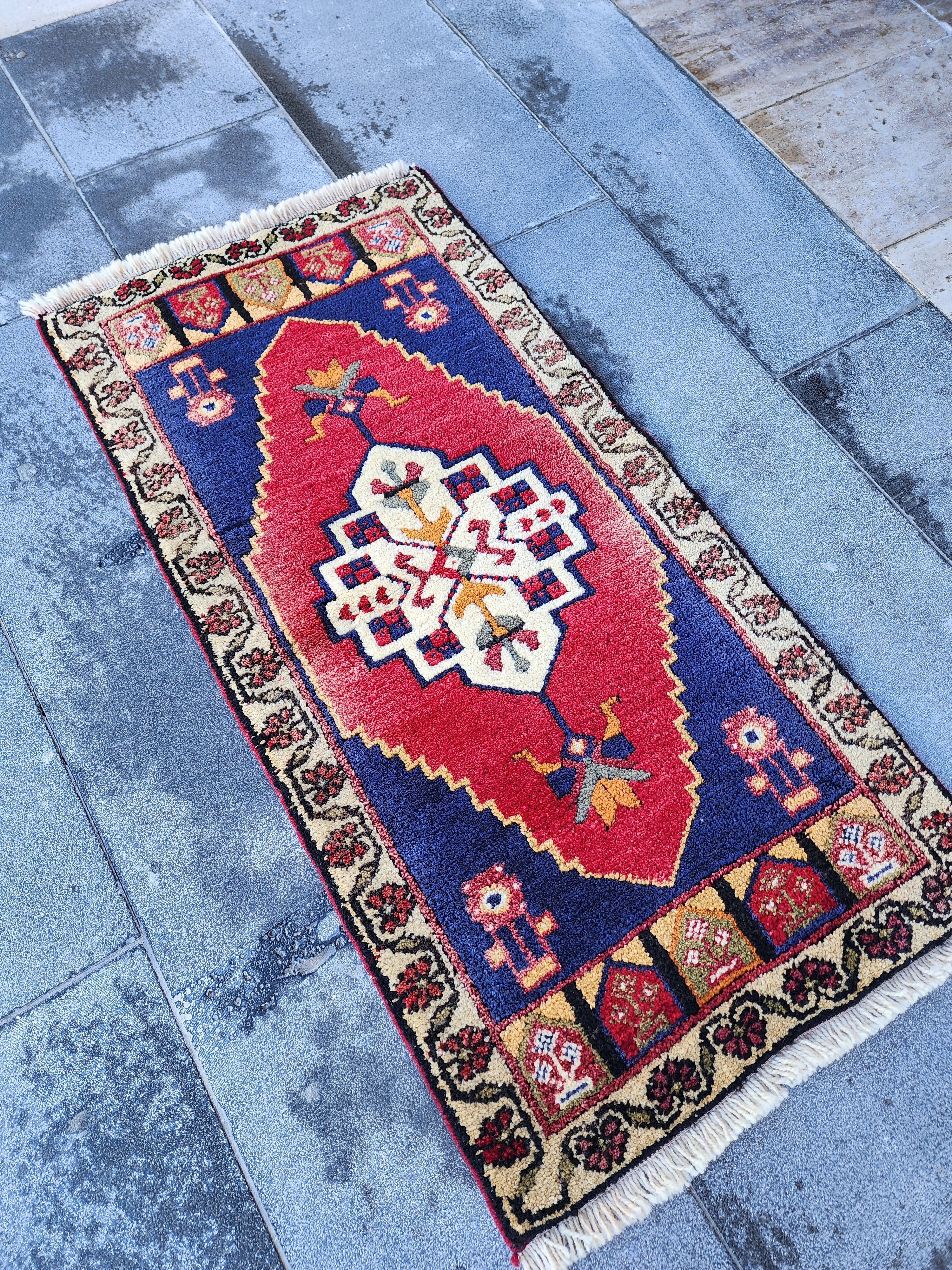 Antique Turkish Wool Rug: Red, Blue, Green Medallion, 1'10" x 3'7"