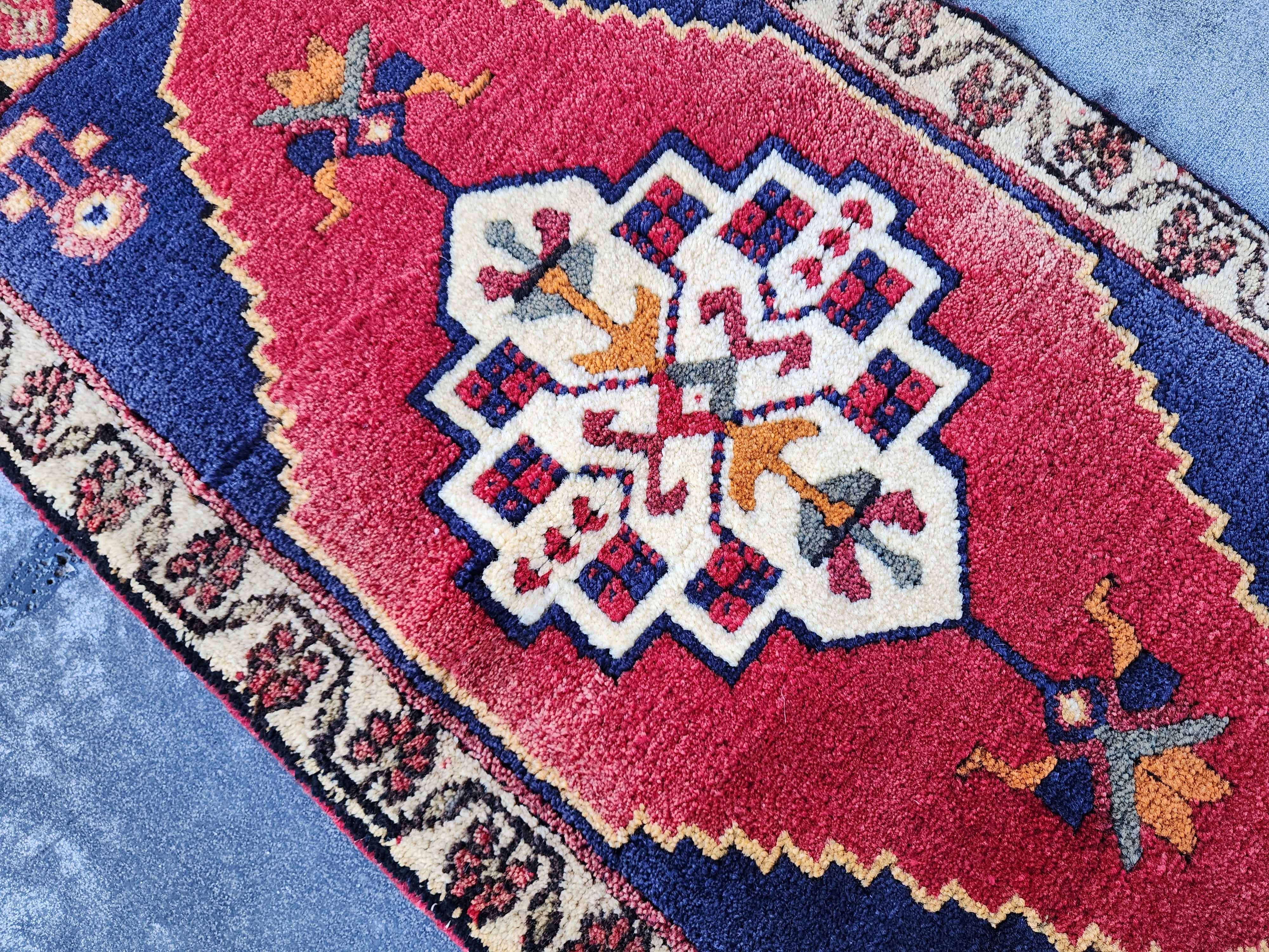 Antique Turkish Wool Rug: Red, Blue, Green Medallion, 1'10" x 3'7"