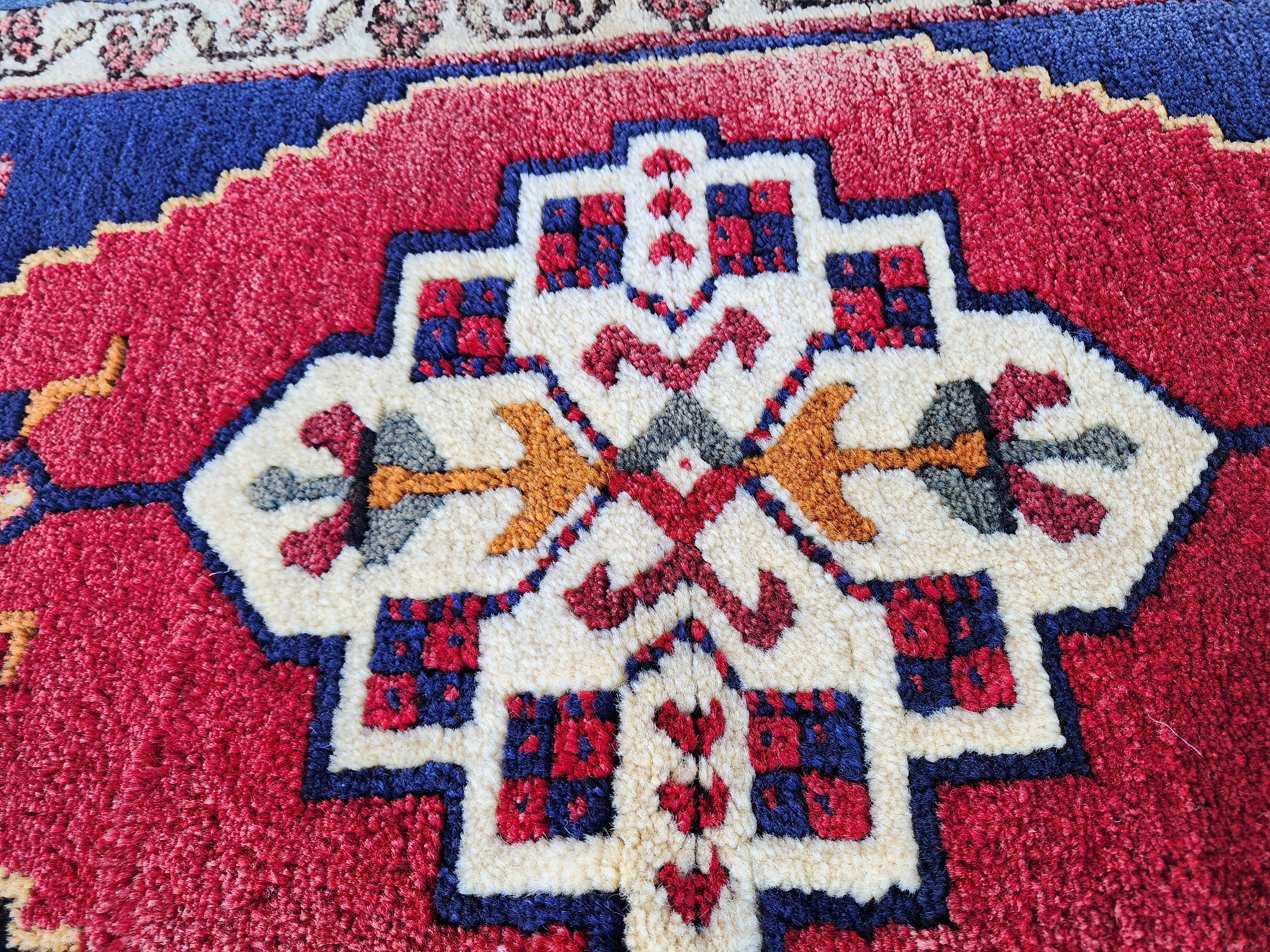 Antique Turkish Wool Rug: Red, Blue, Green Medallion, 1'10" x 3'7"