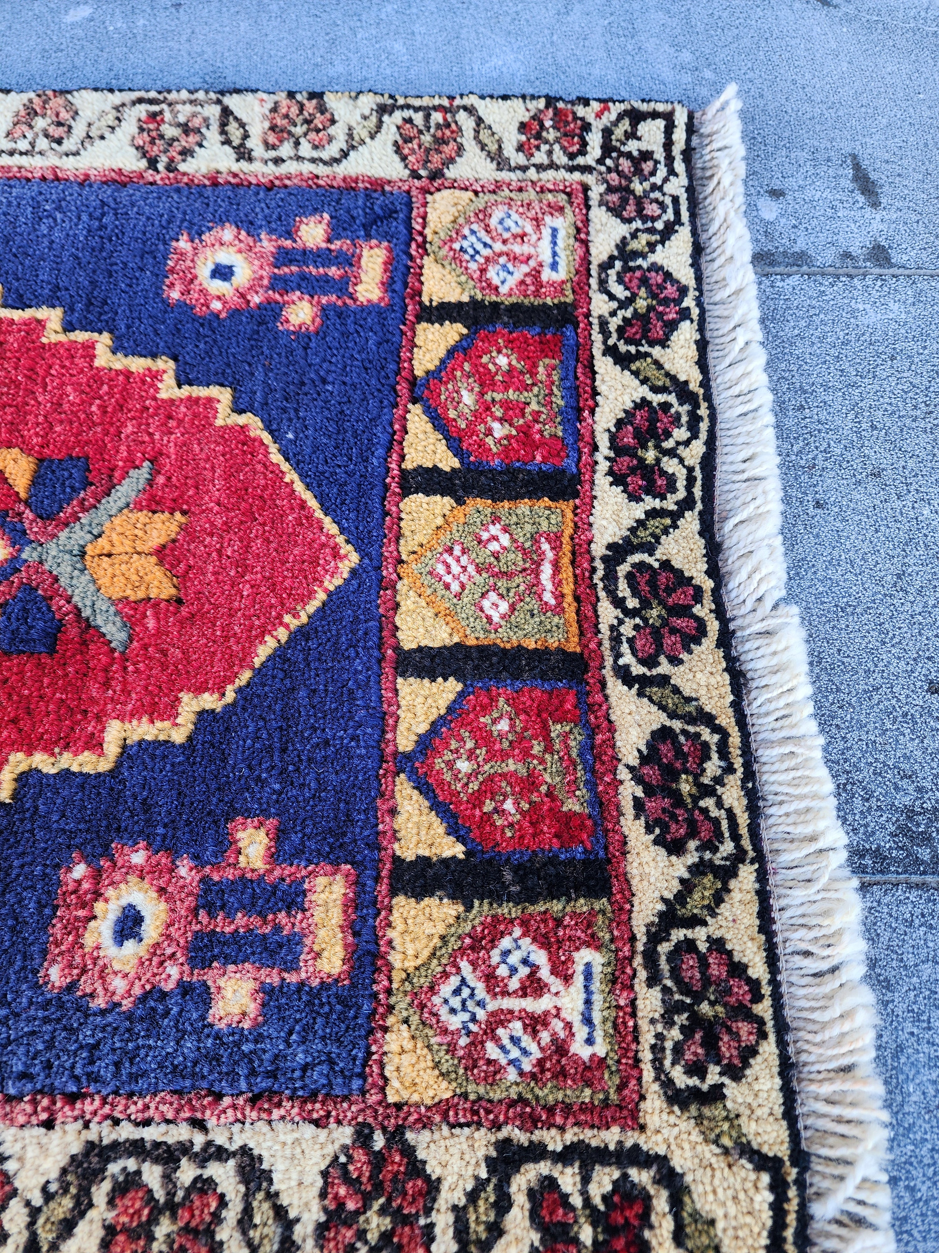 Antique Turkish Wool Rug: Red, Blue, Green Medallion, 1'10" x 3'7"