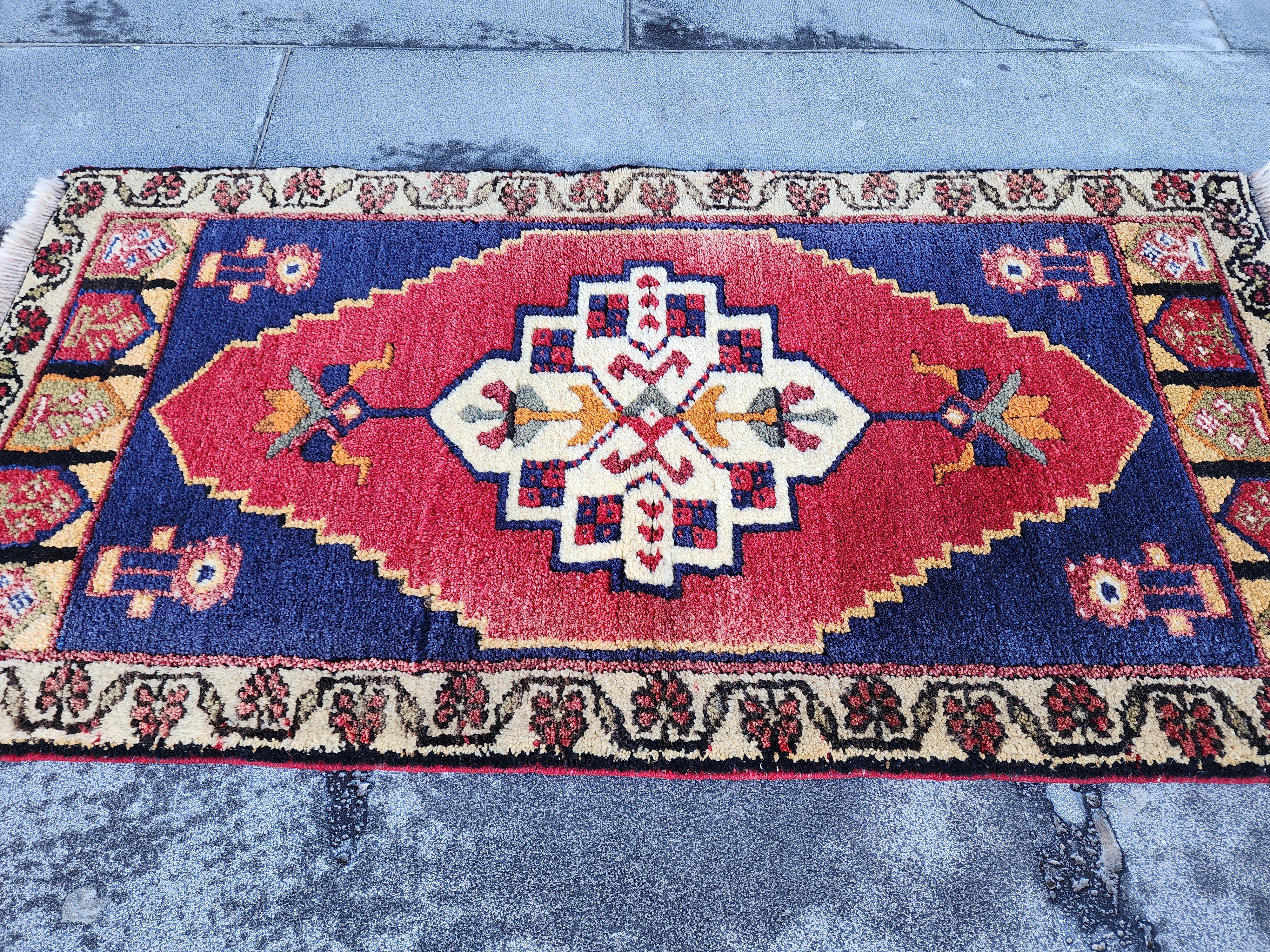 Antique Turkish Wool Rug: Red, Blue, Green Medallion, 1'10" x 3'7"