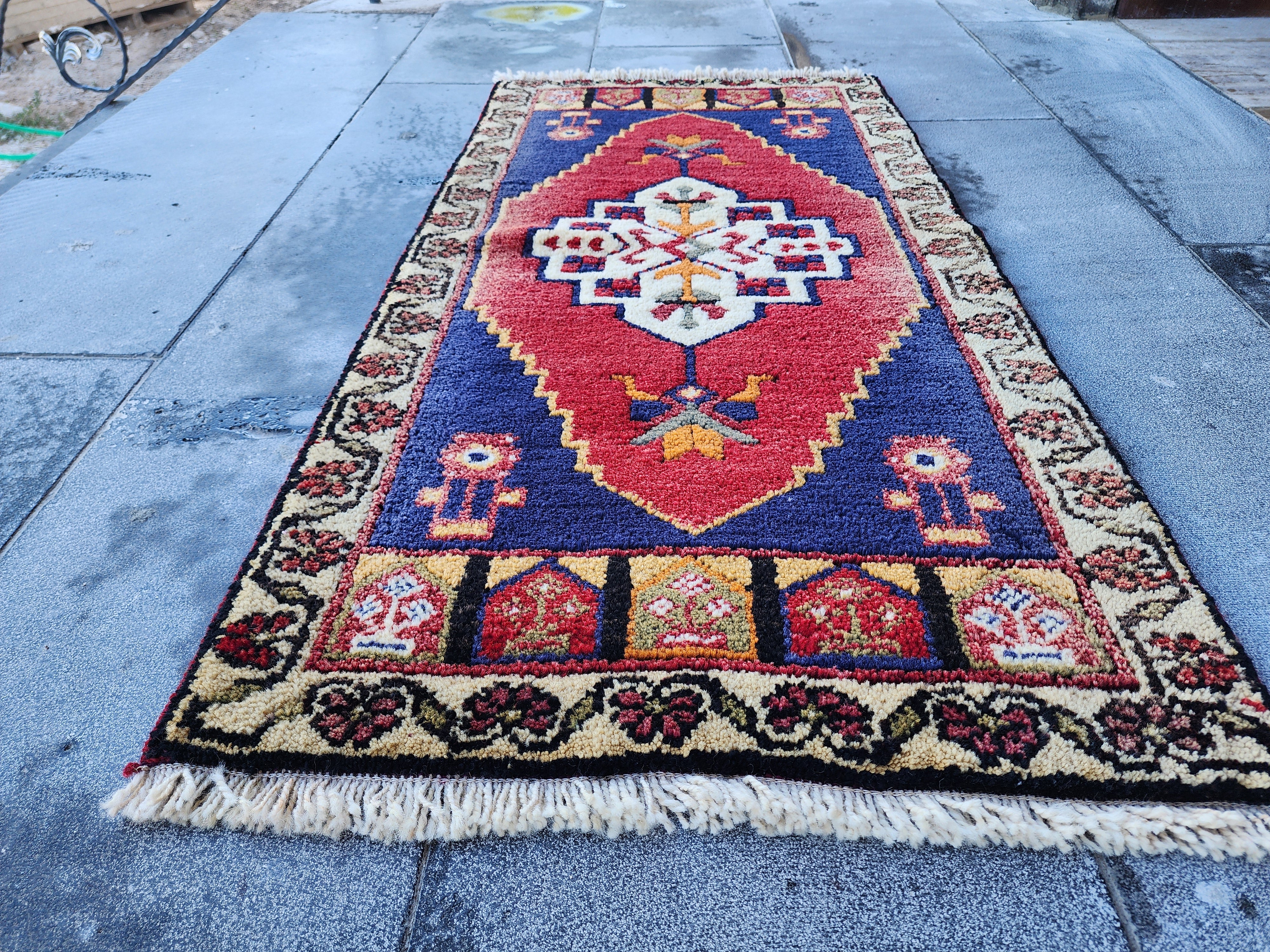 Antique Turkish Wool Rug: Red, Blue, Green Medallion, 1'10" x 3'7"