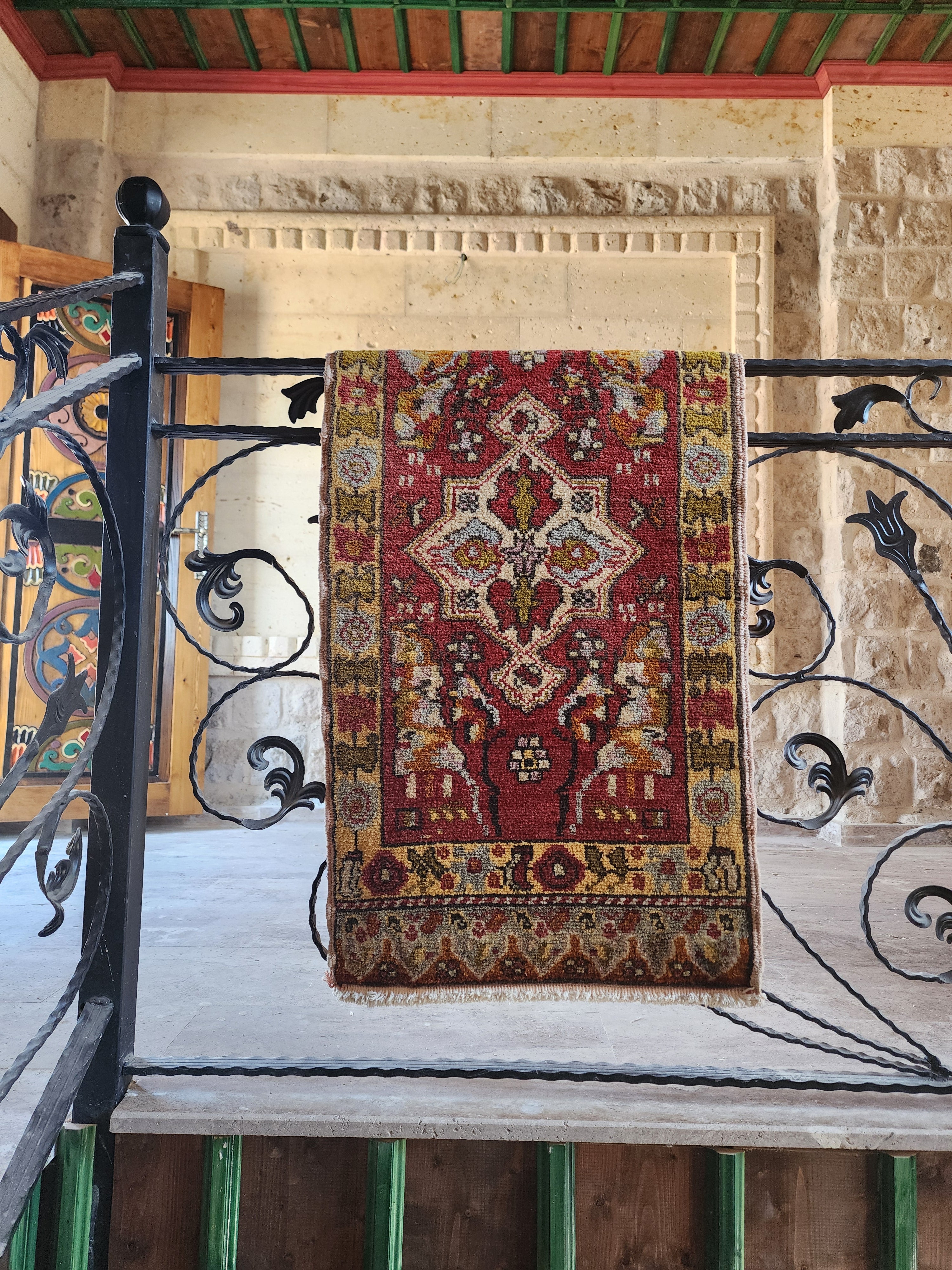 Small Turkish Rug, Distressed Door Mat, Overdyed Oushak Anatolian Carpet, Handmade Organic Wool Boho Rustic Decor Persian Area Rug 3'3"x1'7"