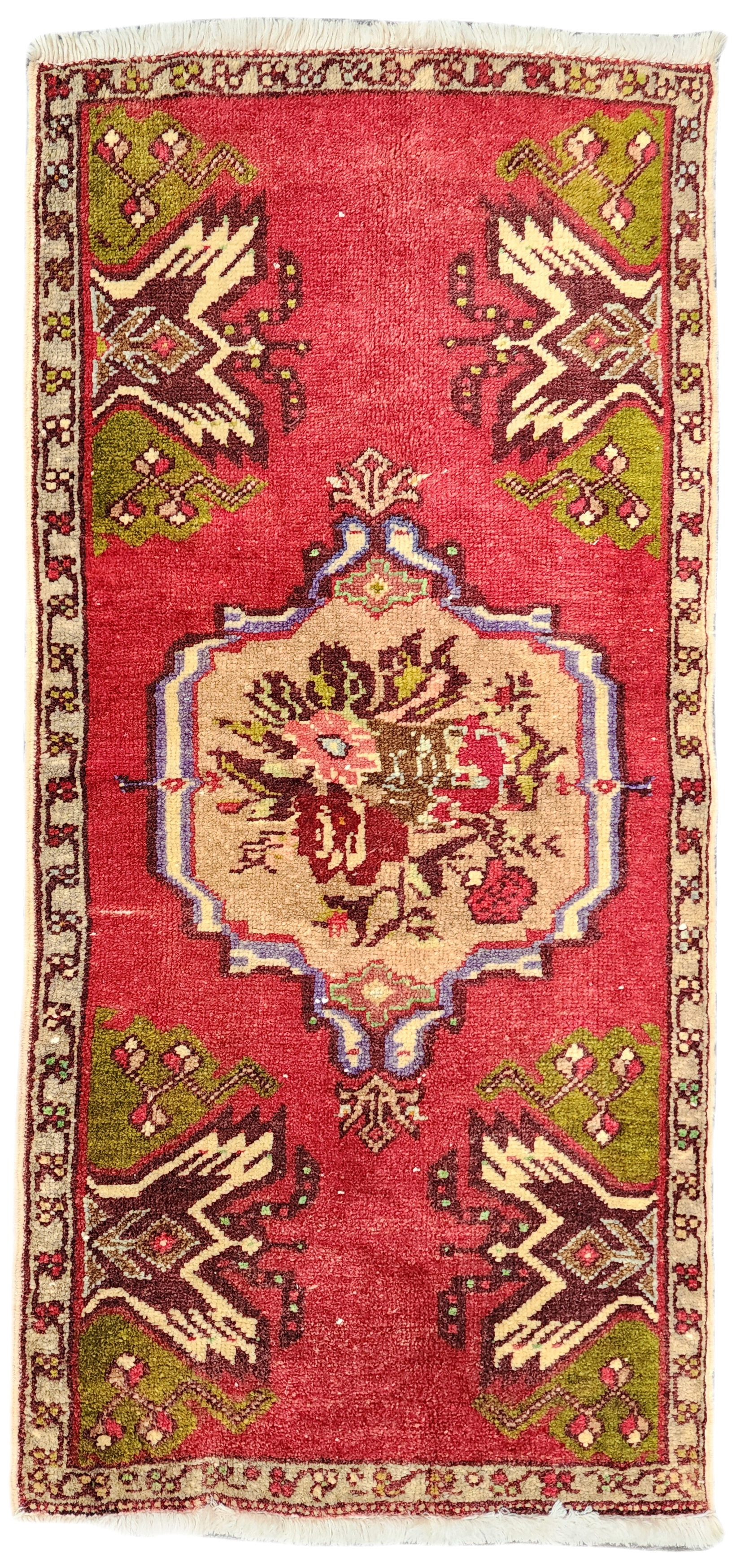 Red And Green Vintage Turkish Nigde Small Rug 3'9''x1'10''