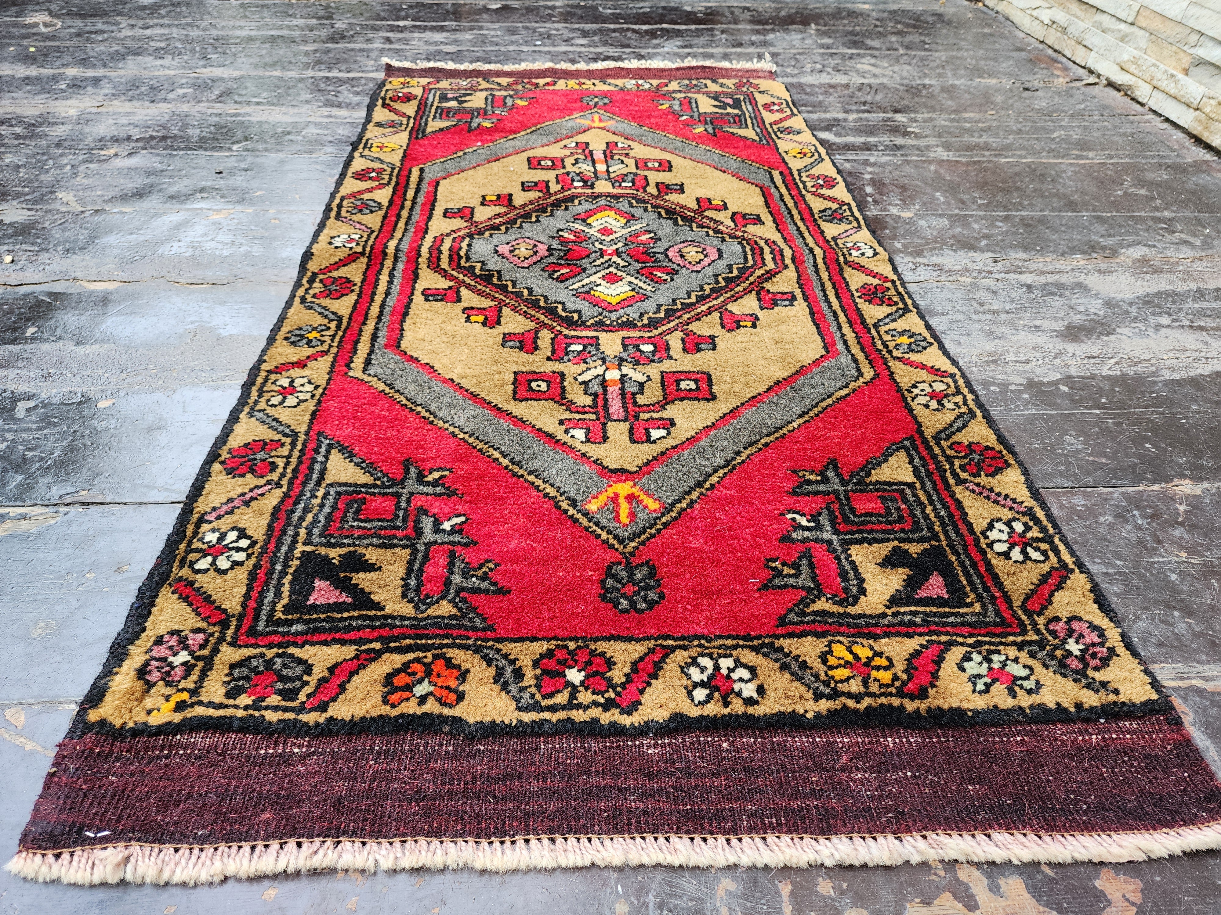 Red And Brown Vintage Turkish Kayseri Small Rug 3'8''x1'10''