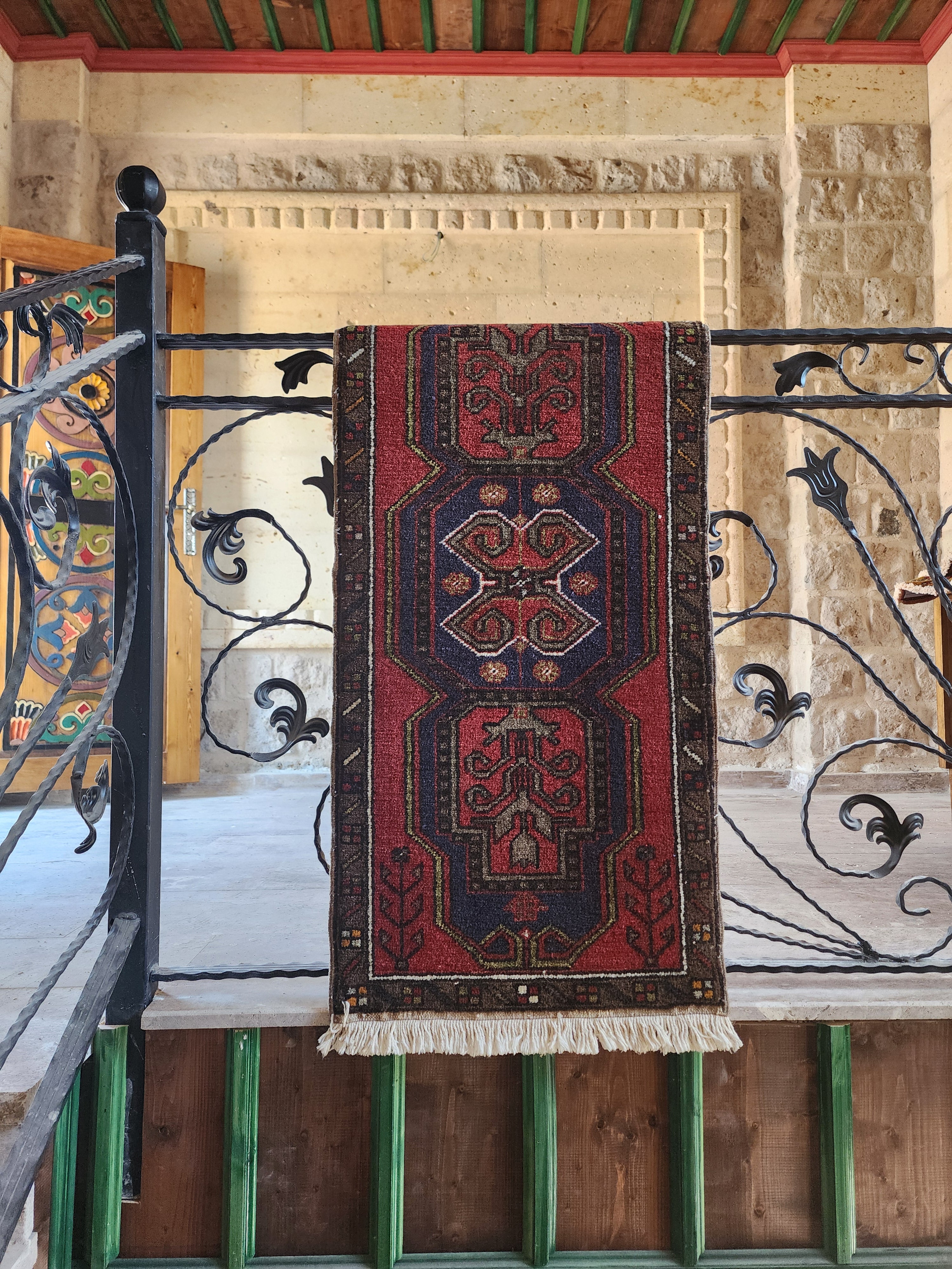 Small Turkish Rug, Distressed Door Mat, Overdyed Oushak Anatolian Carpet, Handmade Organic Wool Boho Rustic Decor Persian Area Rug 3'7"x1'8"