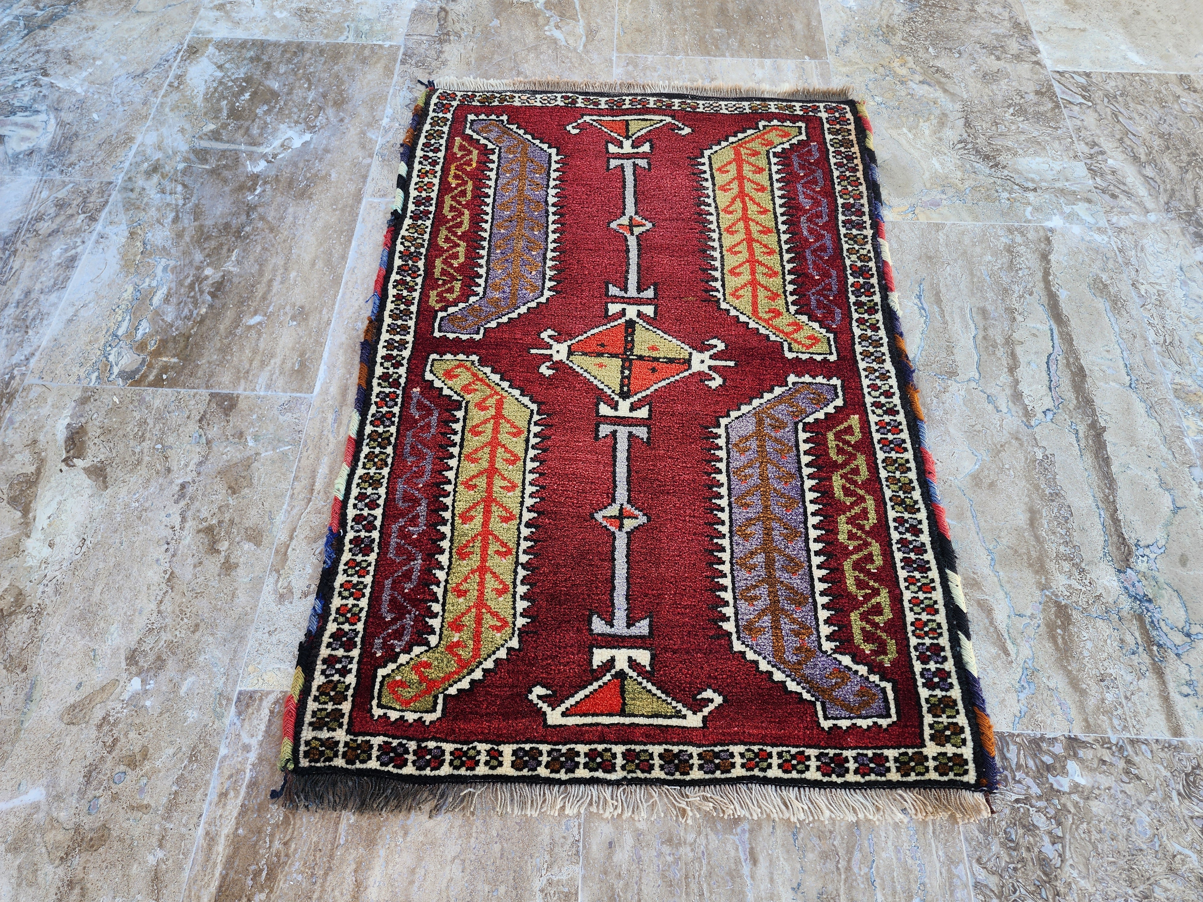 Small Vintage Turkish Rug: Konya Style Wool Mat, 2'10" x 1'11"