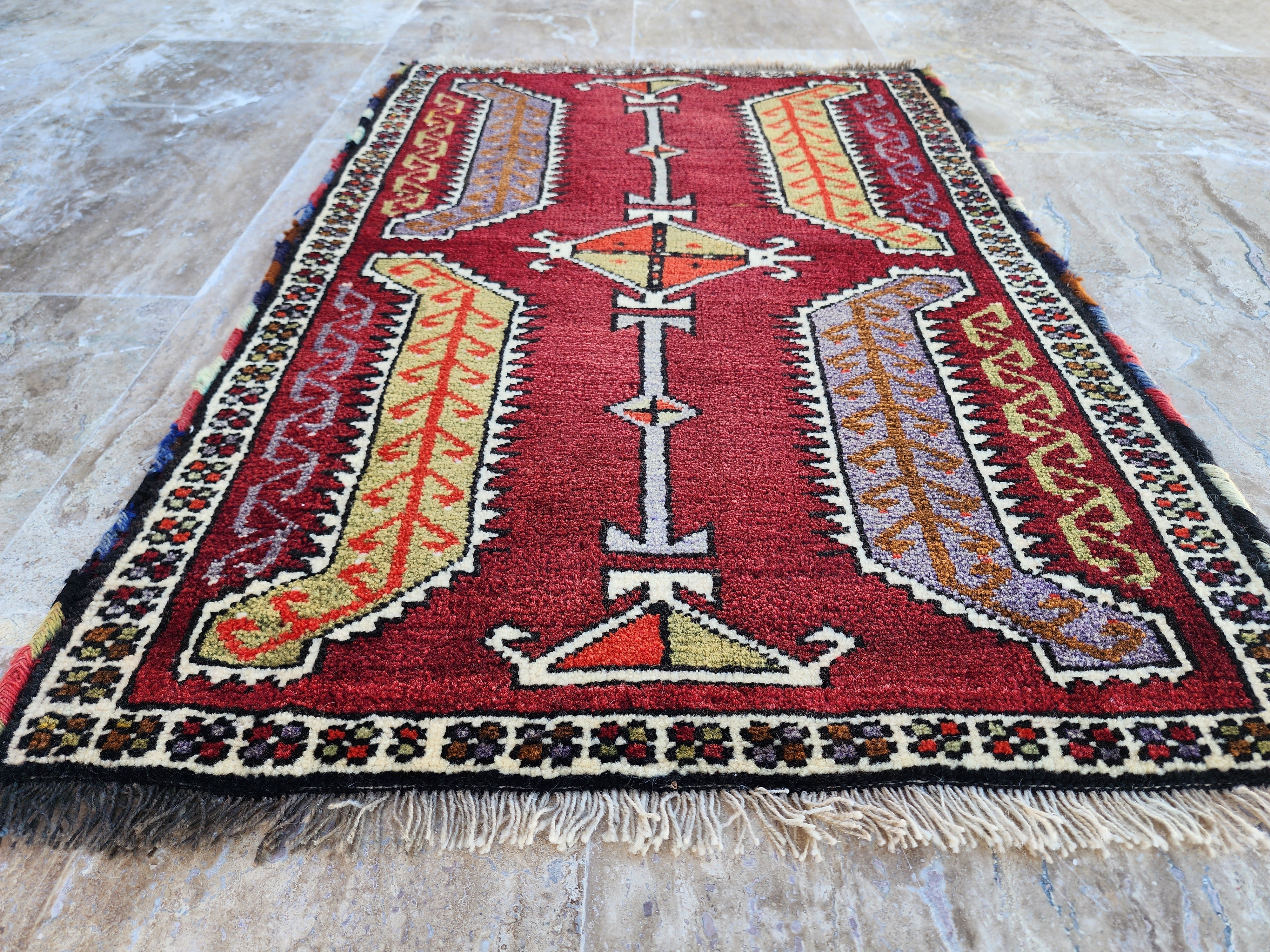 Small Vintage Turkish Rug: Konya Style Wool Mat, 2'10" x 1'11"