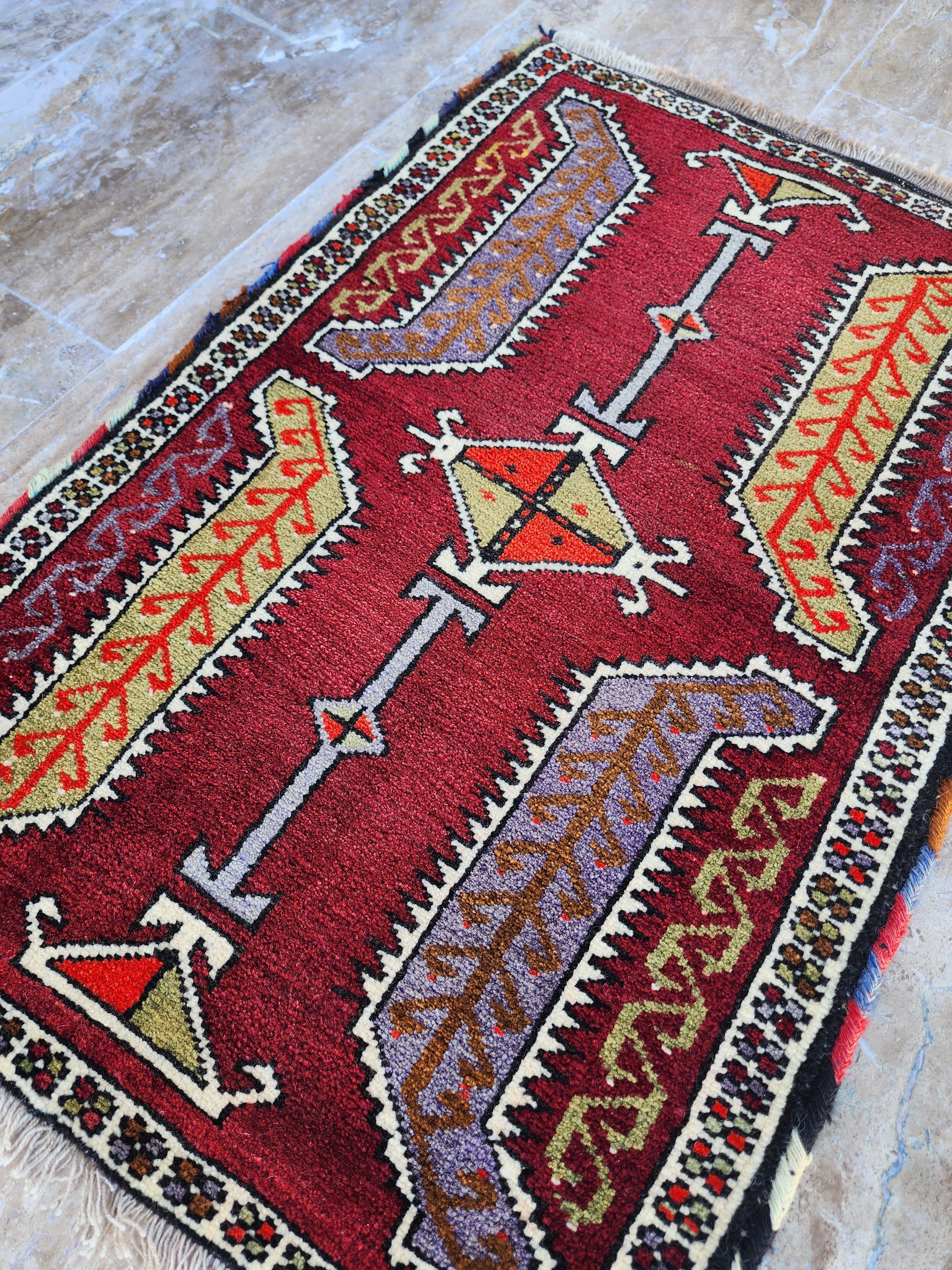Small Vintage Turkish Rug: Konya Style Wool Mat, 2'10" x 1'11"