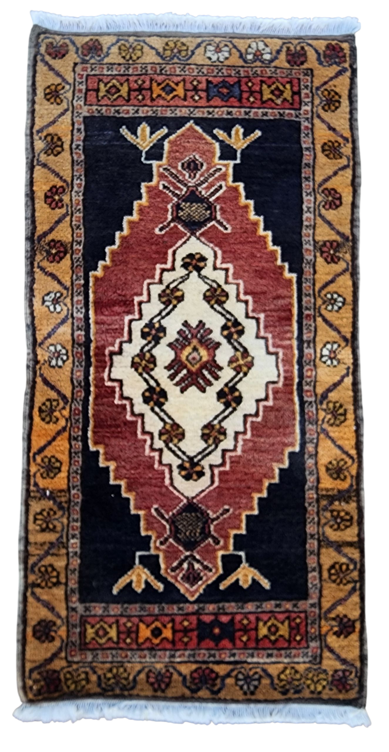 Small Vintage Rug 3 ft 2 in x 1 ft 8 in Purple/ Orrange and Blue Geometric Medallion Mat Handmade from Natural Wool for Entry or Bedroom