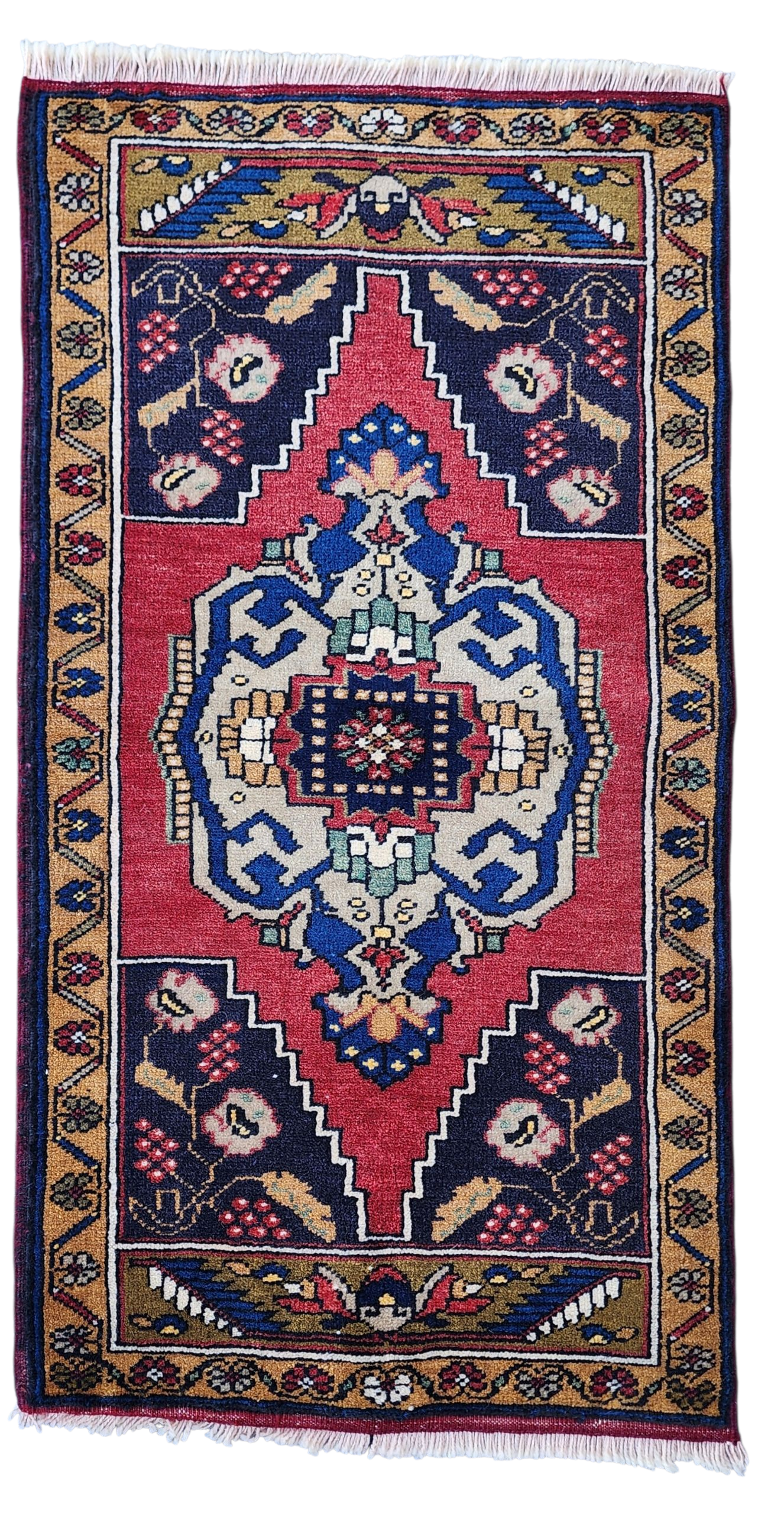 Antique Turkish Wool Rug: Red, Blue, Green Medallion, 1'11" x 3'5"