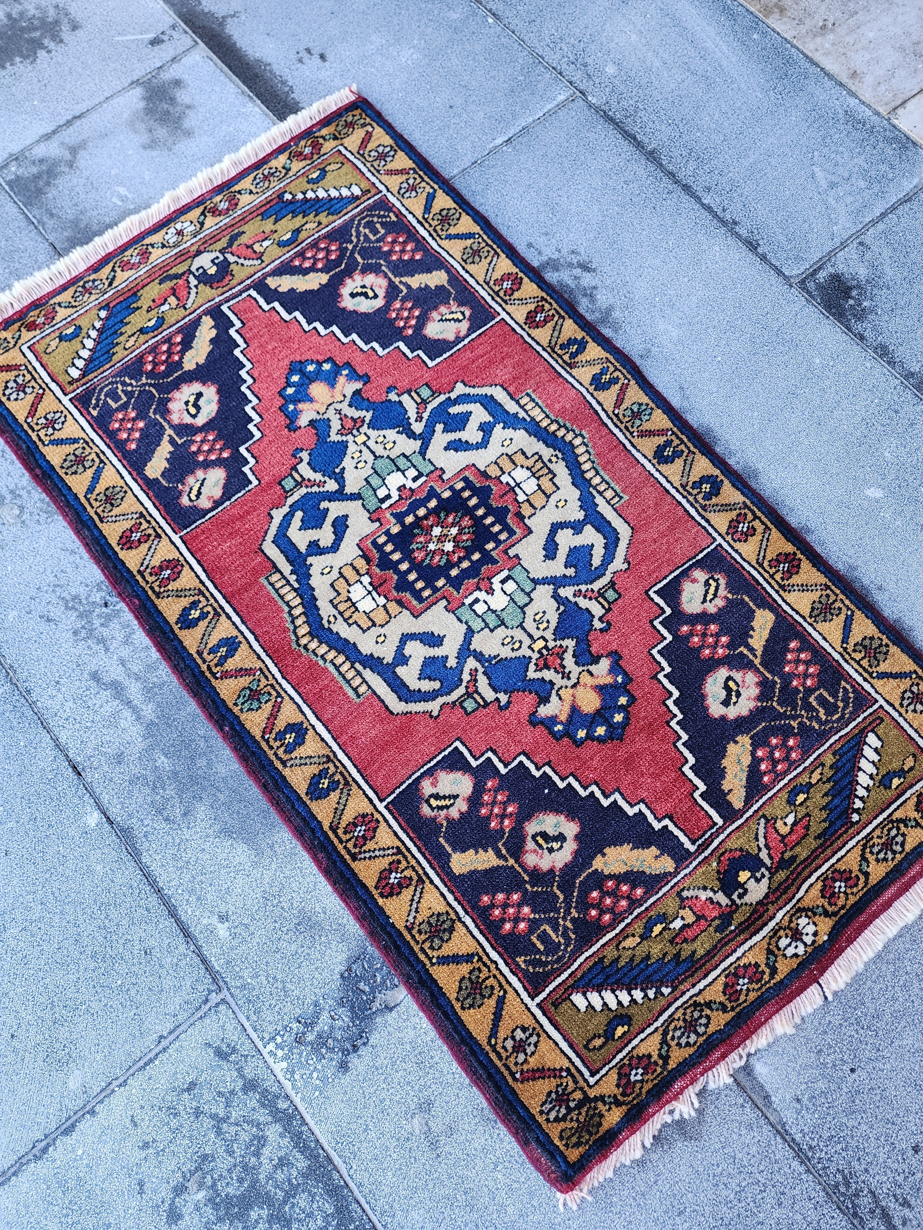 Antique Turkish Wool Rug: Red, Blue, Green Medallion, 1'11" x 3'5"