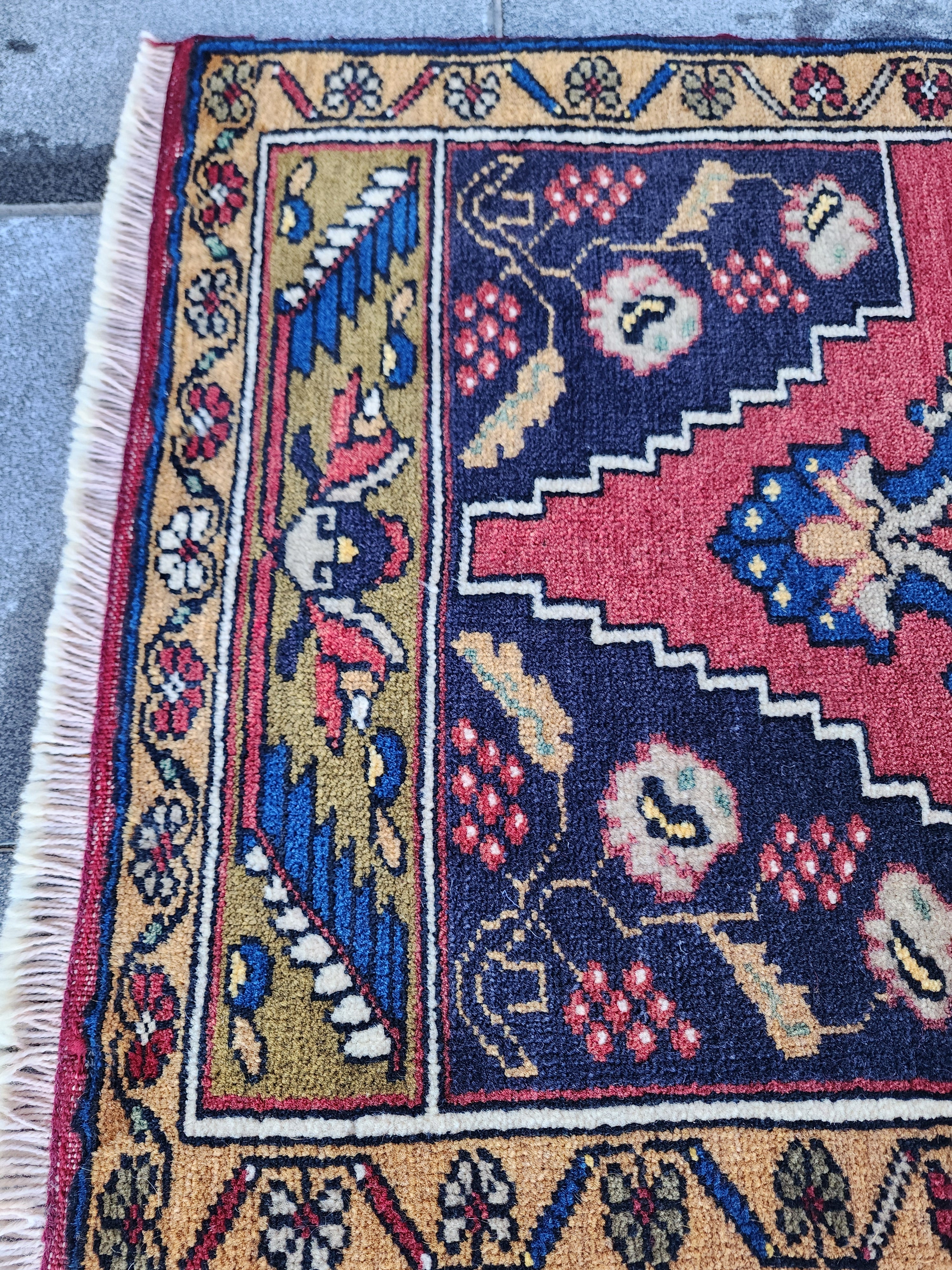 Antique Turkish Wool Rug: Red, Blue, Green Medallion, 1'11" x 3'5"