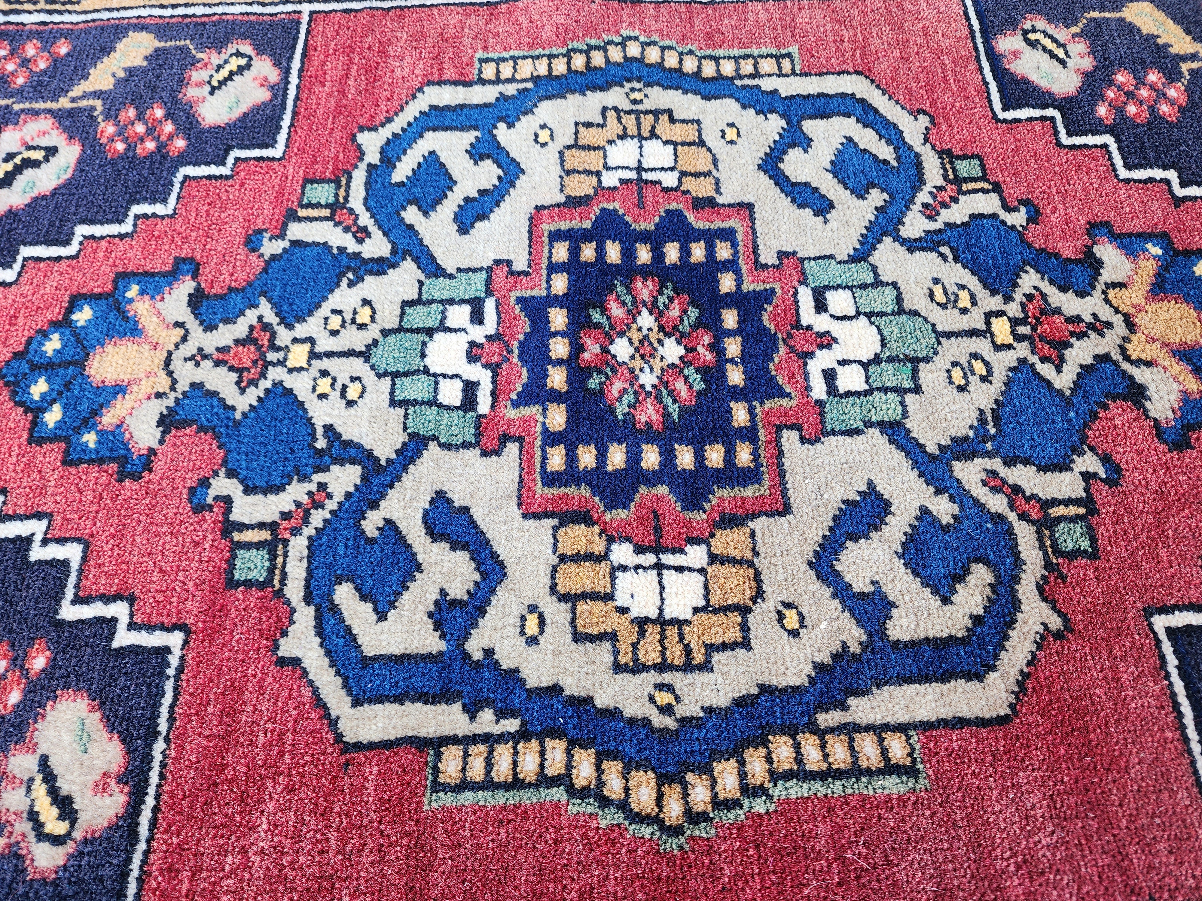 Antique Turkish Wool Rug: Red, Blue, Green Medallion, 1'11" x 3'5"