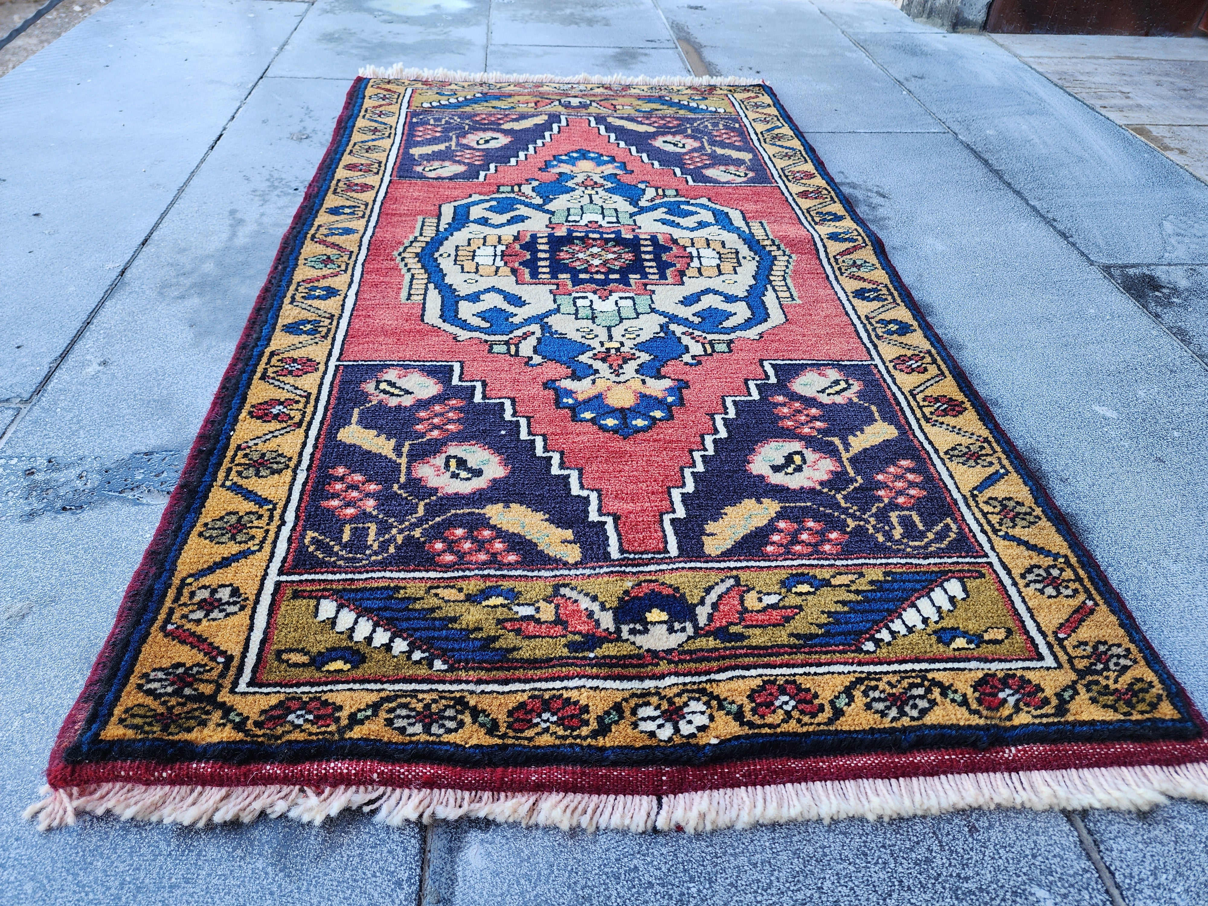 Antique Turkish Wool Rug: Red, Blue, Green Medallion, 1'11" x 3'5"