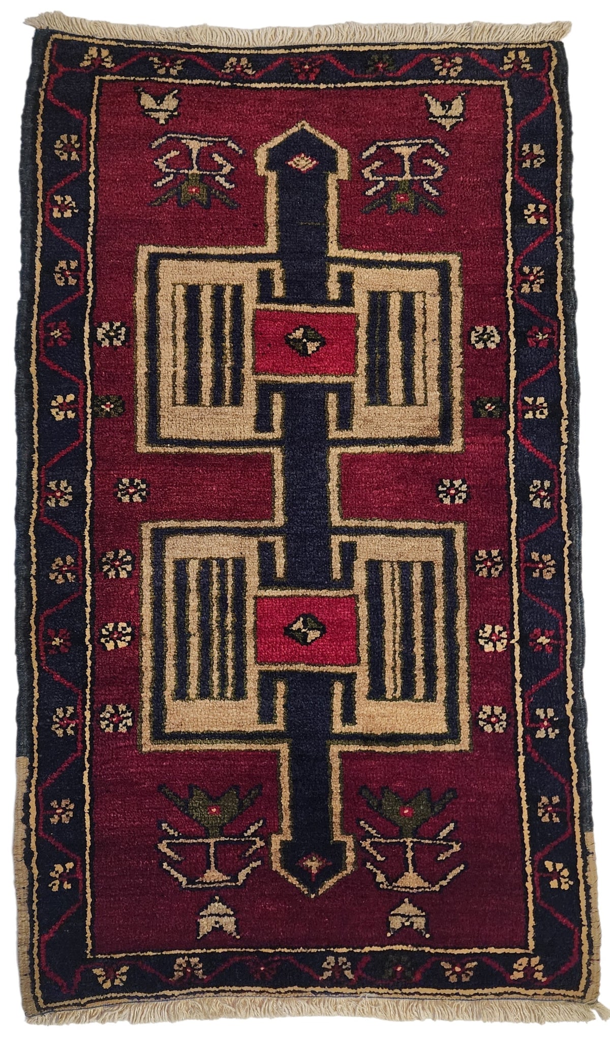 Vintage Adana rug in red, blue and beige, 1'10" x 3'2", full view