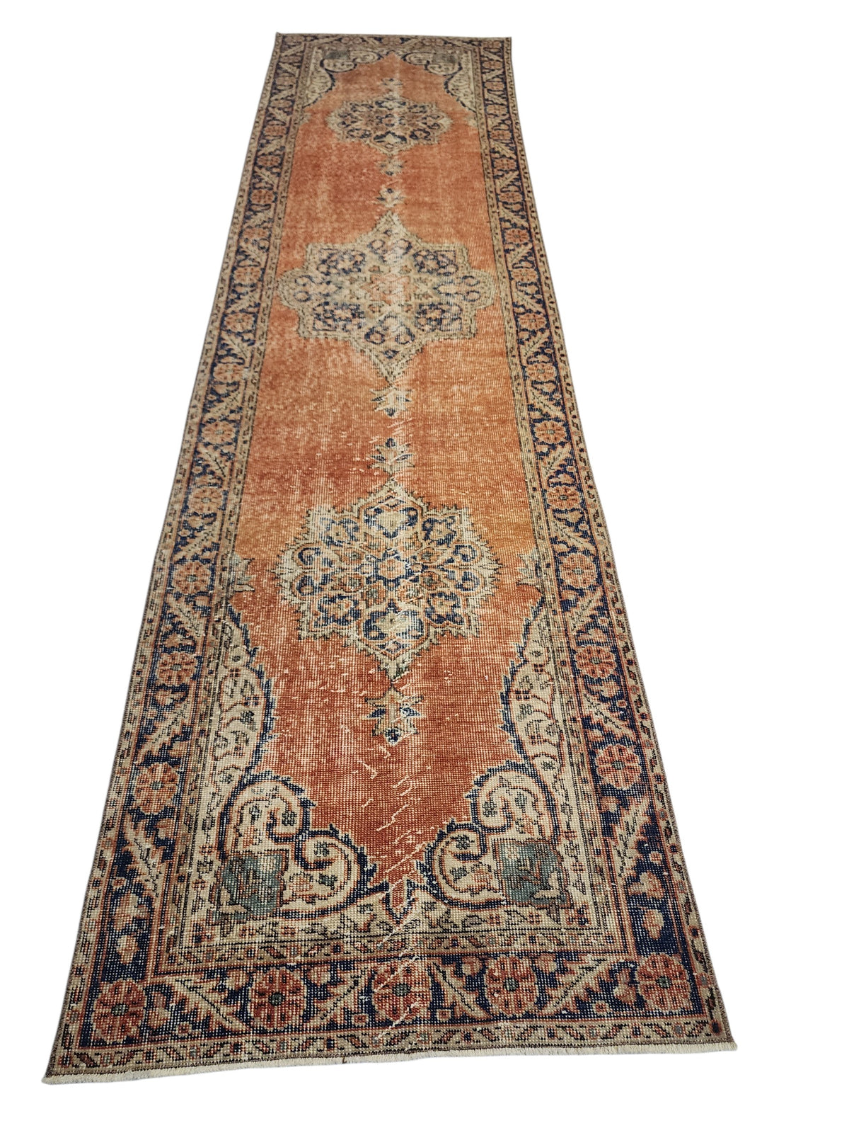 Hand-Knotted Turkish Wool Runner – Terracotta Medallion, Navy Geometric Borders (3x12 ft)