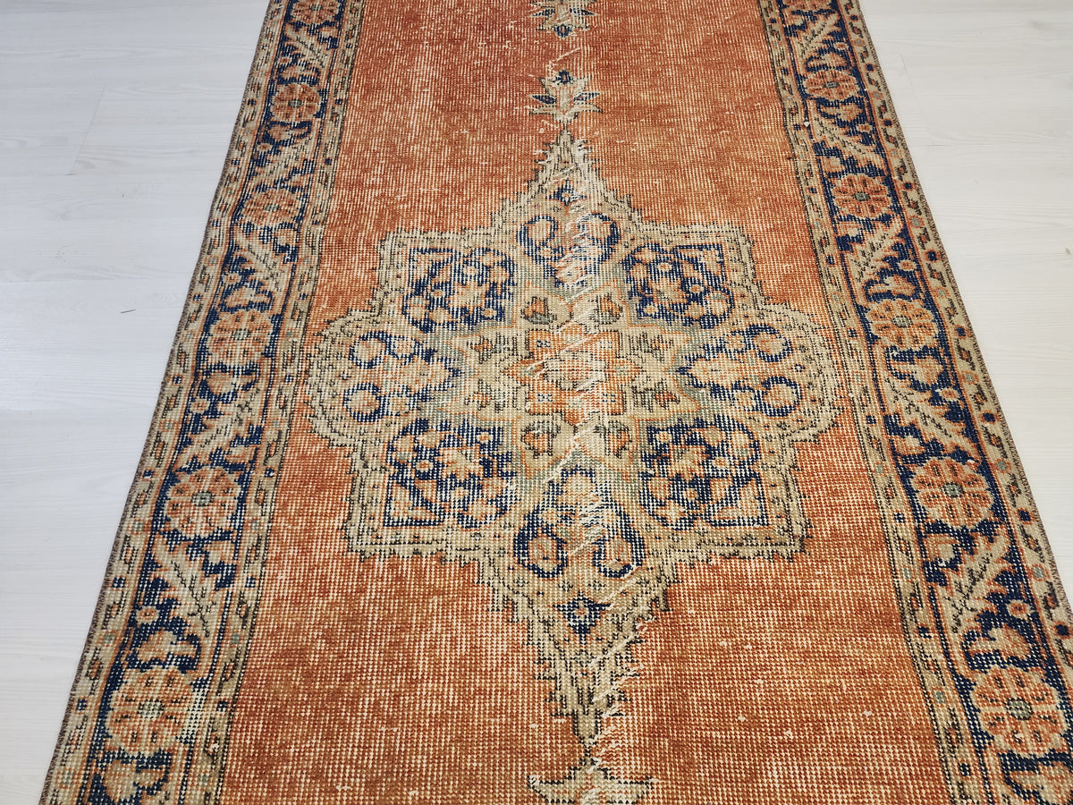 Hand-Knotted Turkish Wool Runner – Terracotta Medallion, Navy Geometric Borders (3x12 ft)