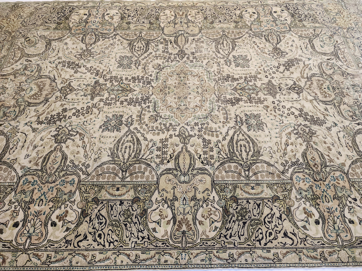 Hand-Knotted Turkish Wool Rug, Neutral Beige Floral Medallion, Antique Anatolian Carpet