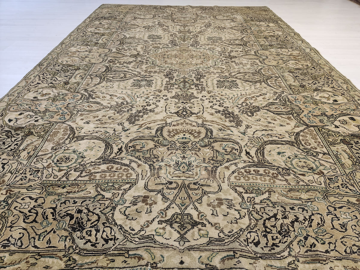 Hand-Knotted Turkish Wool Rug, Neutral Beige Floral Medallion, Antique Anatolian Carpet