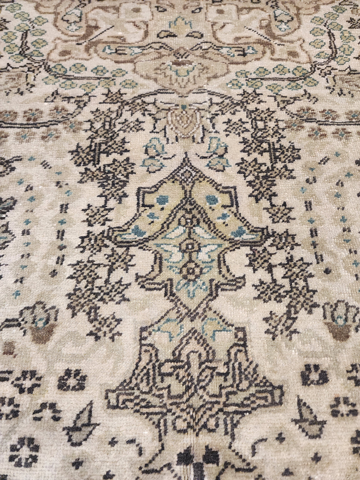 Hand-Knotted Turkish Wool Rug, Neutral Beige Floral Medallion, Antique Anatolian Carpet