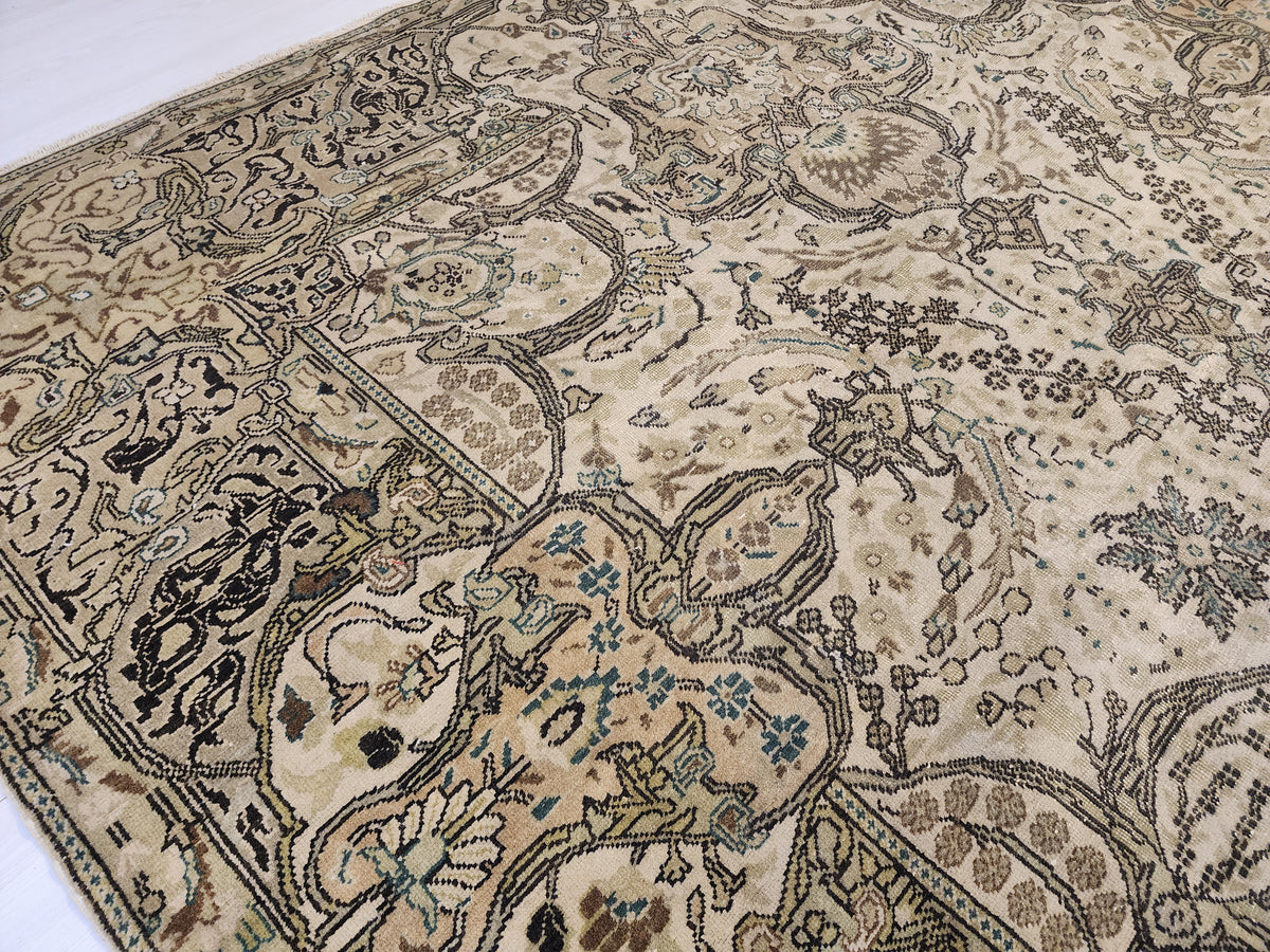 Hand-Knotted Turkish Wool Rug, Neutral Beige Floral Medallion, Antique Anatolian Carpet