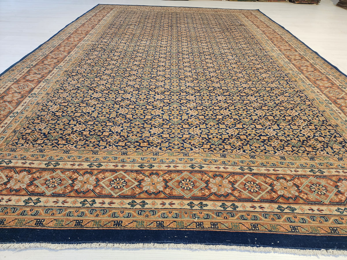 Vintage Turkish Wool Rug, Handknotted Anatolian Lattice Carpet, Navy Terracotta Area Rug