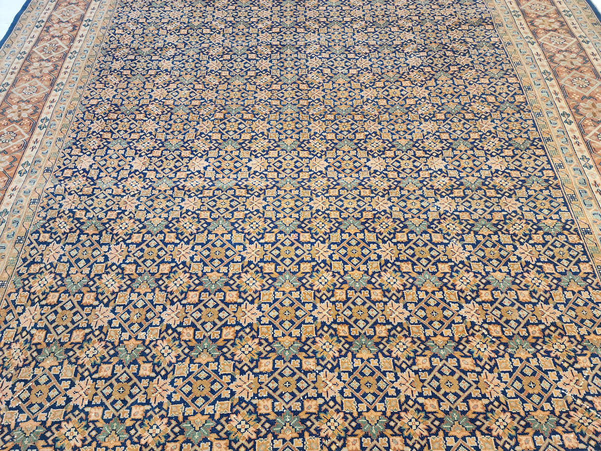 Vintage Turkish Wool Rug, Handknotted Anatolian Lattice Carpet, Navy Terracotta Area Rug
