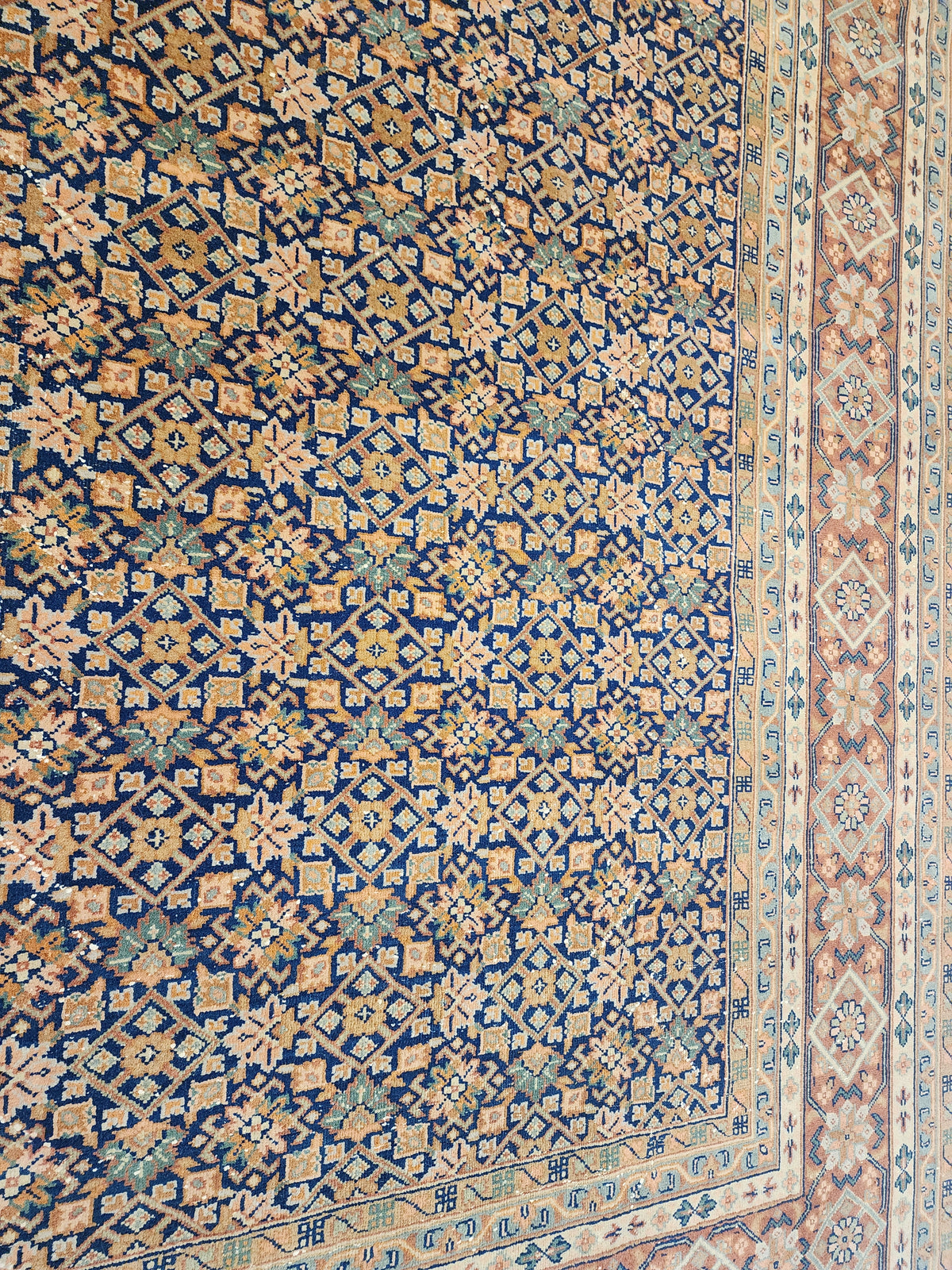 Vintage Turkish Wool Rug, Handknotted Anatolian Lattice Carpet, Navy Terracotta Area Rug