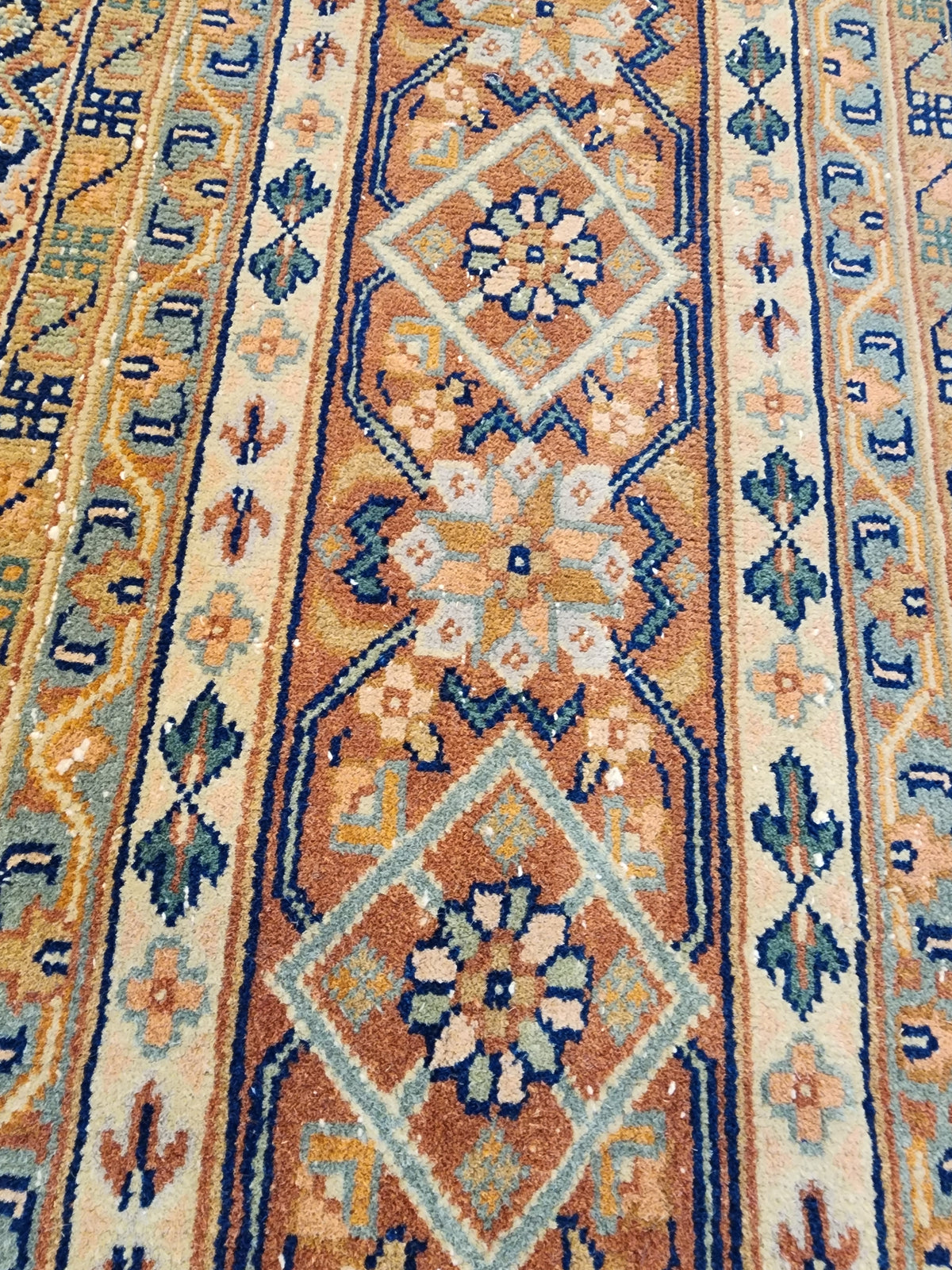 Vintage Turkish Wool Rug, Handknotted Anatolian Lattice Carpet, Navy Terracotta Area Rug