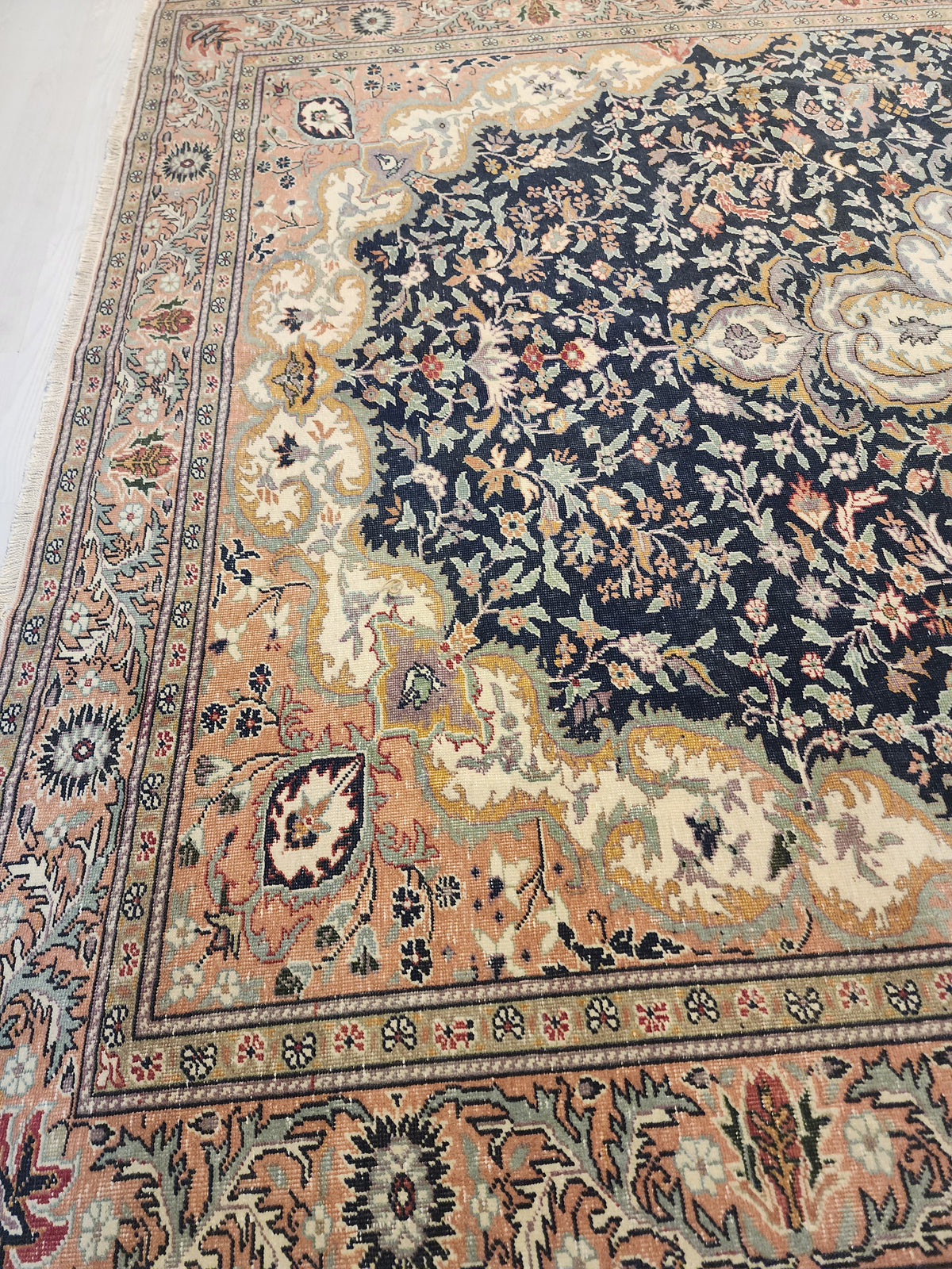 Vintage Handwoven Turkish Hereke Style Rug, Navy Blue Floral Wool Carpet