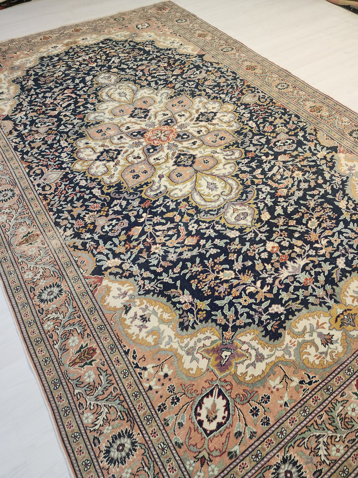 Vintage Handwoven Turkish Hereke Style Rug, Navy Blue Floral Wool Carpet