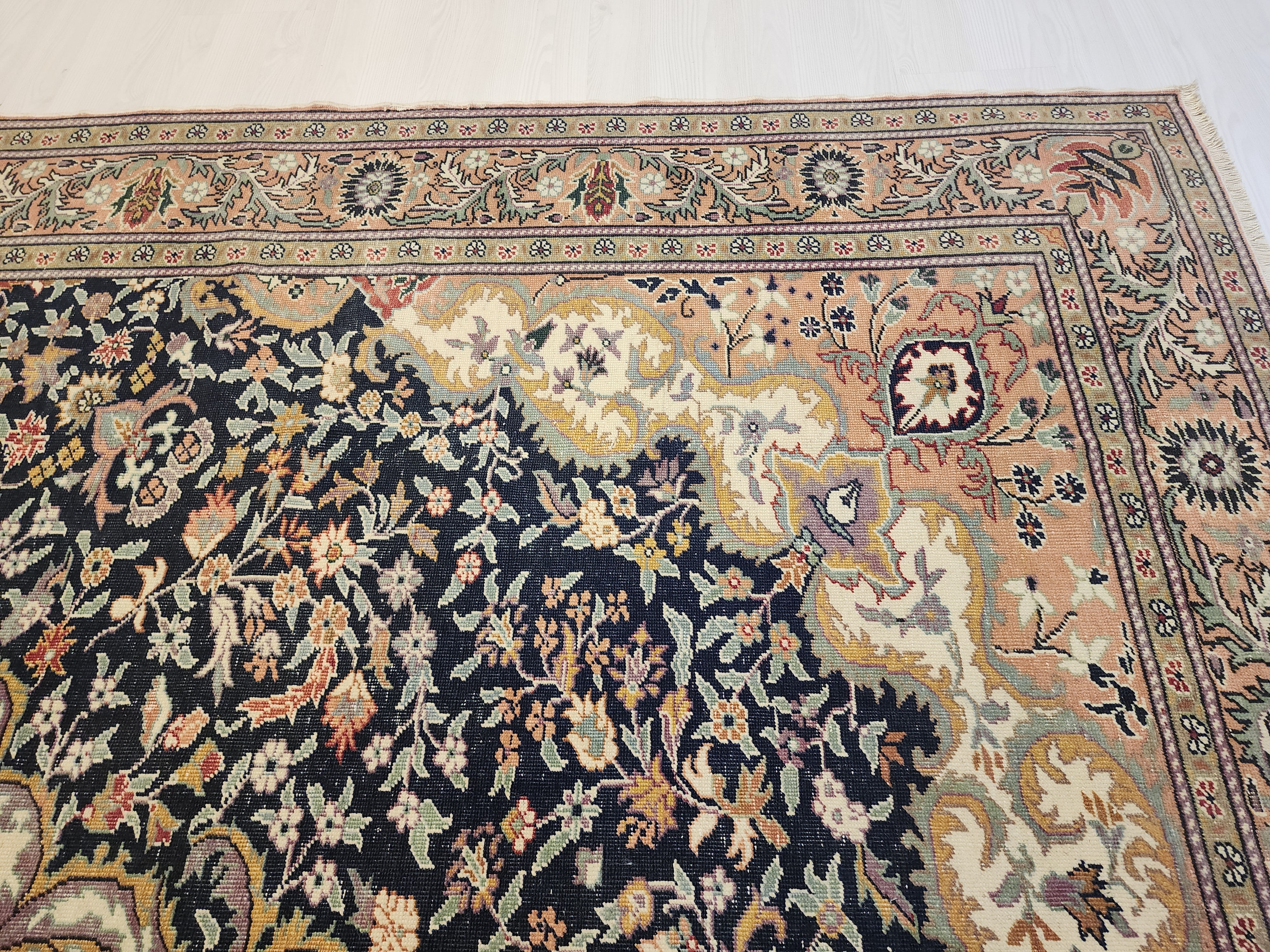 Vintage Handwoven Turkish Hereke Style Rug, Navy Blue Floral Wool Carpet